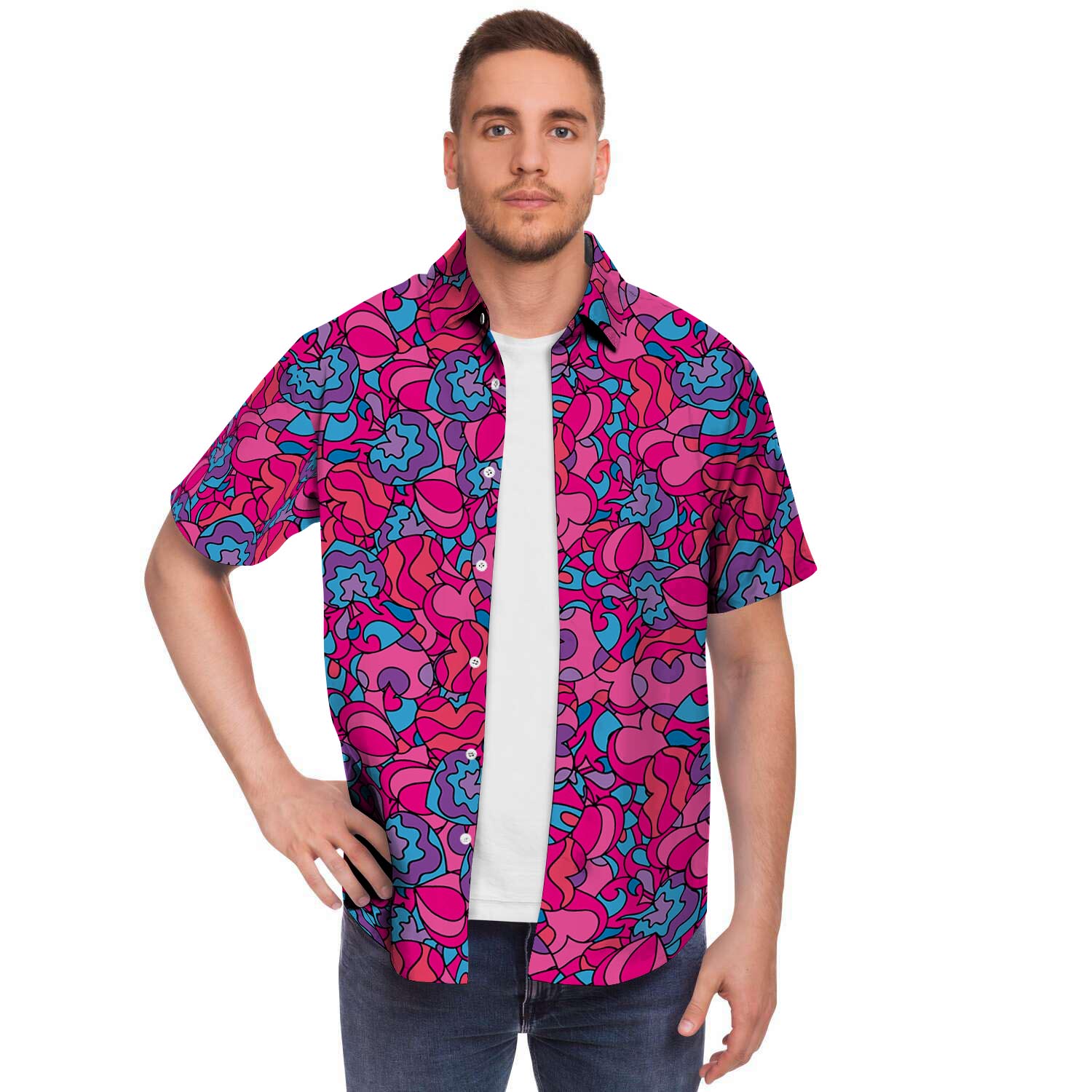 Psychedelic Trippy Hippie Heart Men Print Short Sleeve Button-Up Shirts