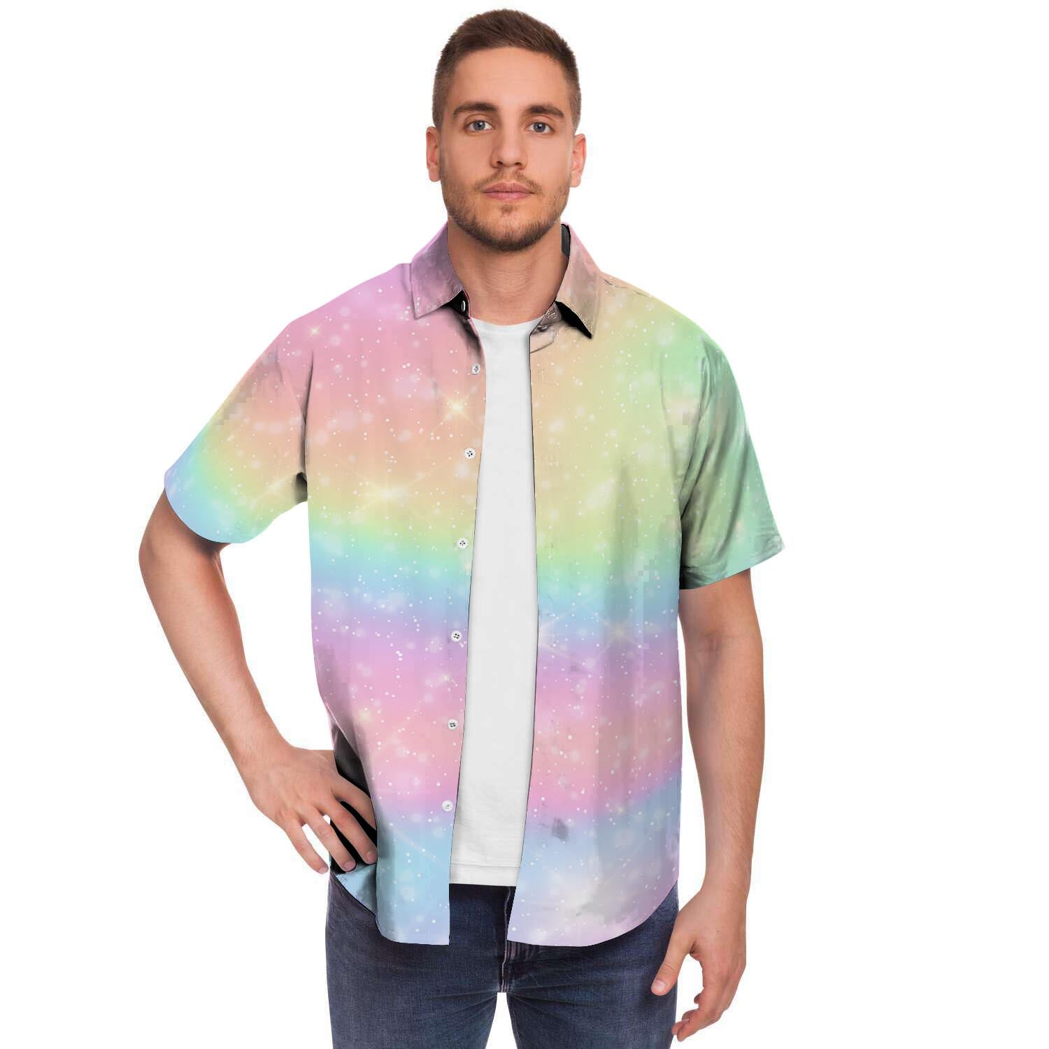 Psychedelic Trippy Holographic Men Print Short Sleeve Button-Up Shirts