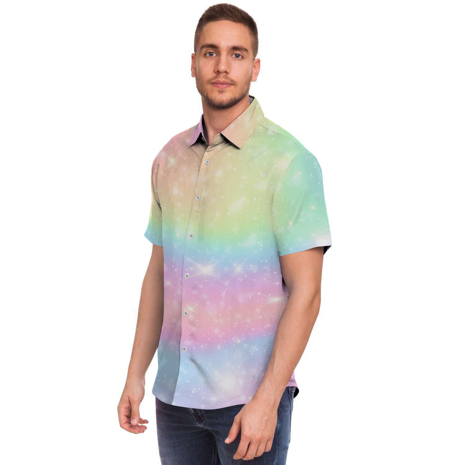 Psychedelic Trippy Holographic Men Print Short Sleeve Button-Up Shirts