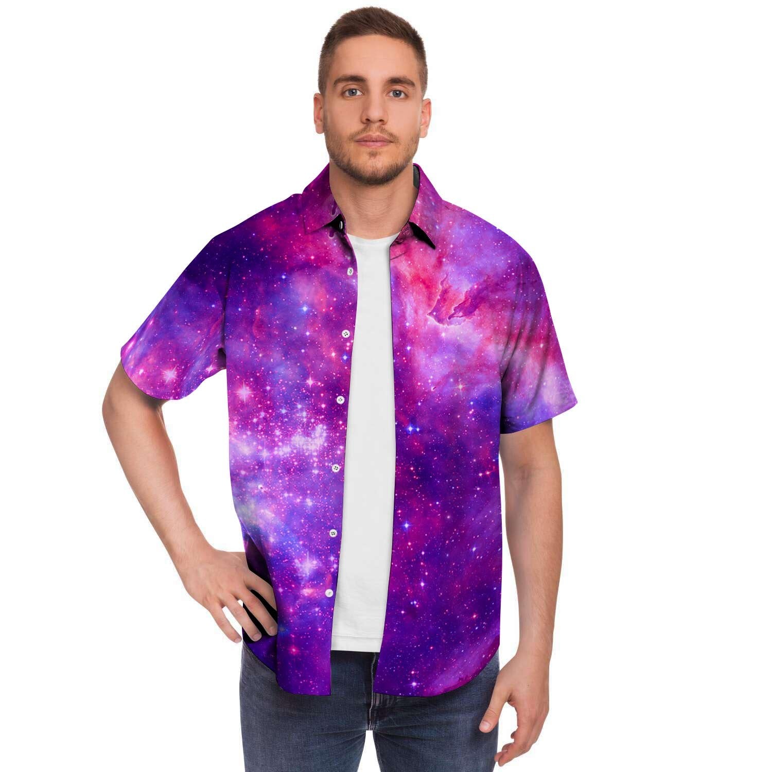 Purple Galaxy Space Men Print Short Sleeve Button-Up Shirts