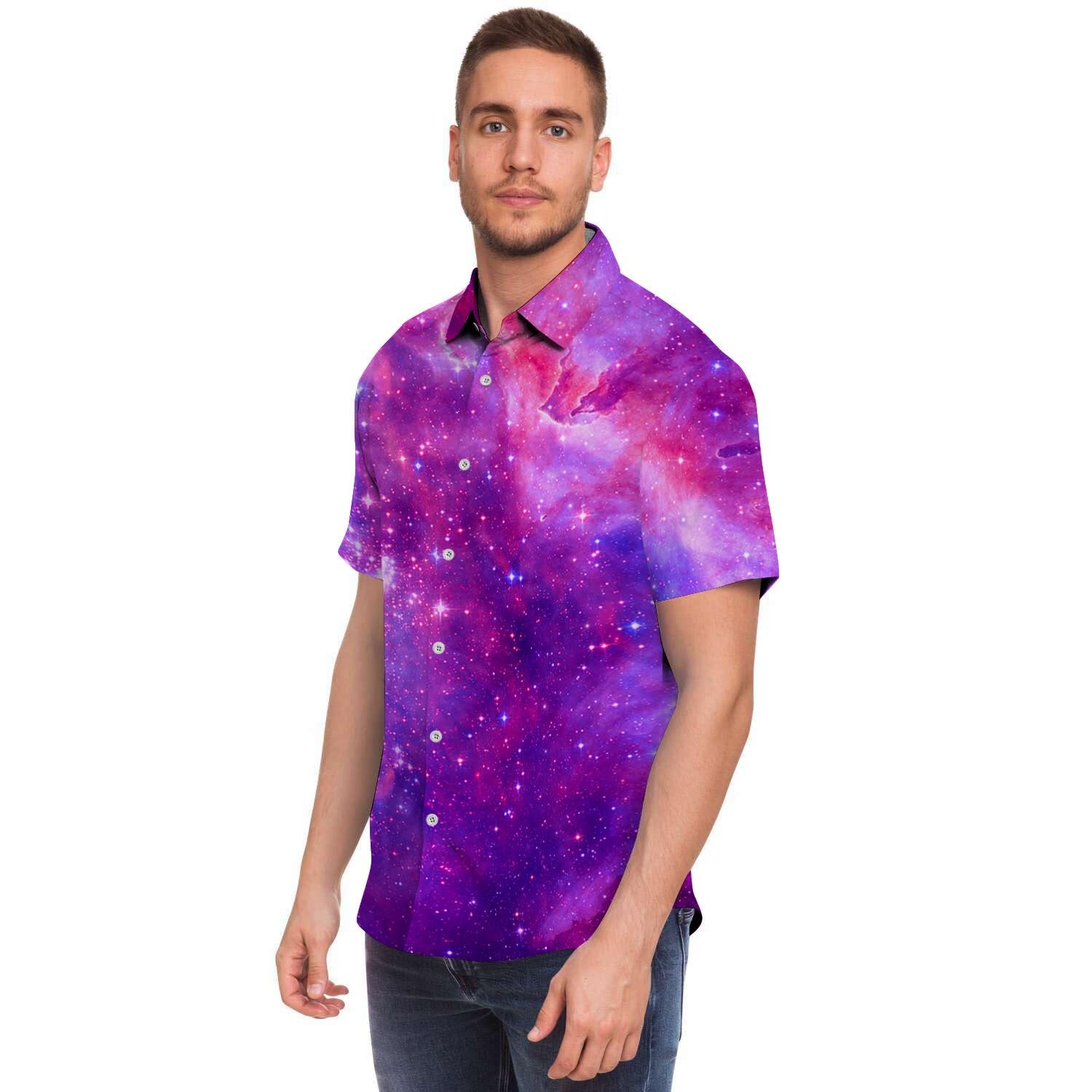 Purple Galaxy Space Men Print Short Sleeve Button-Up Shirts
