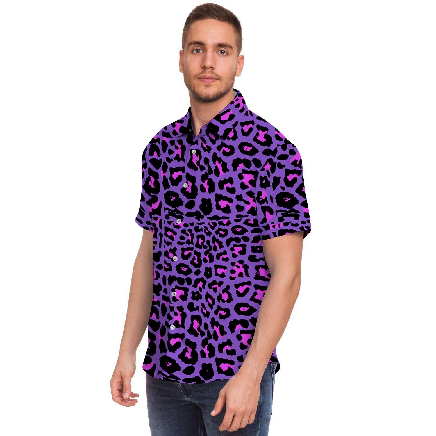 Purple Leopard Men Print Short Sleeve Button-Up Shirts