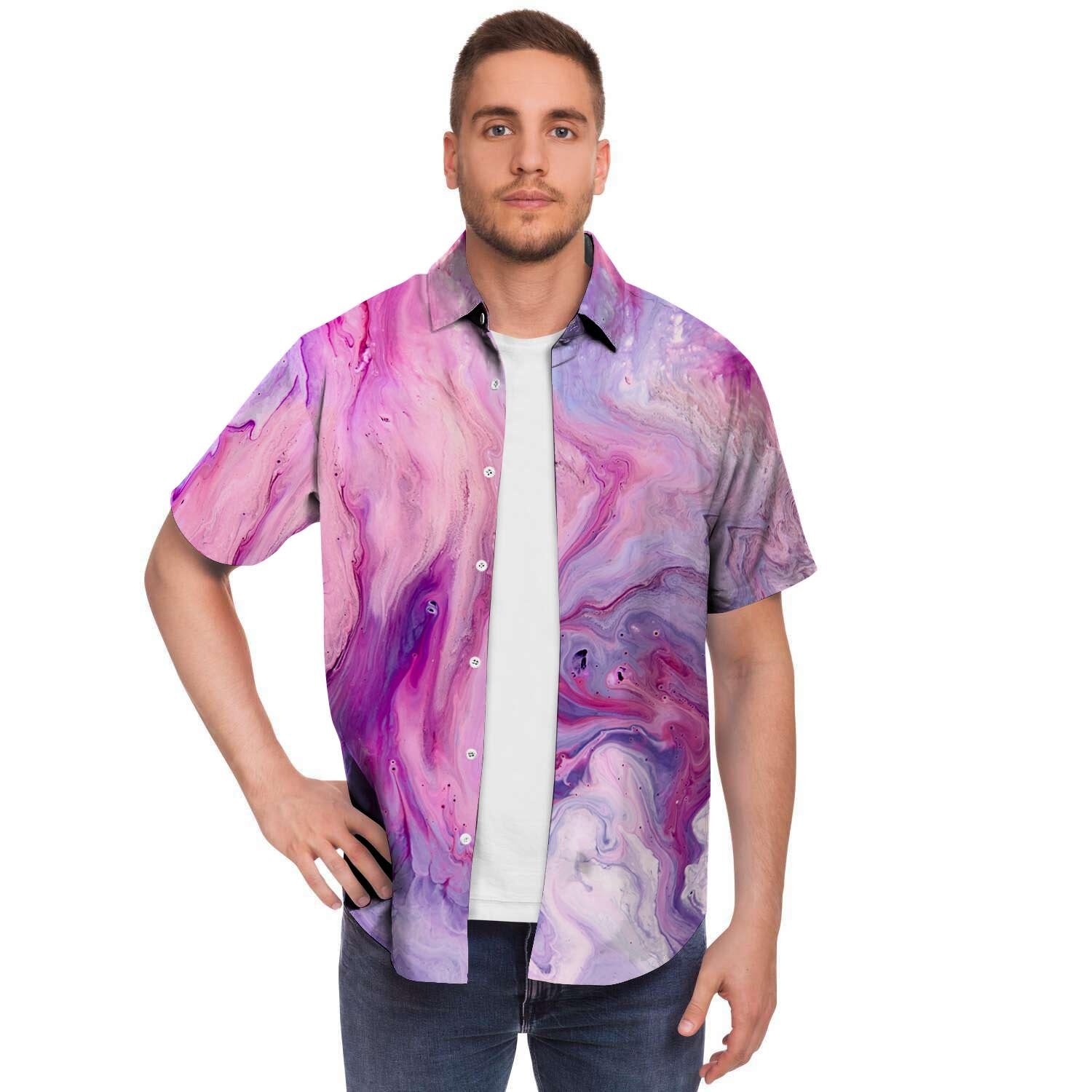 Purple Marble Men Print Short Sleeve Button-Up Shirts