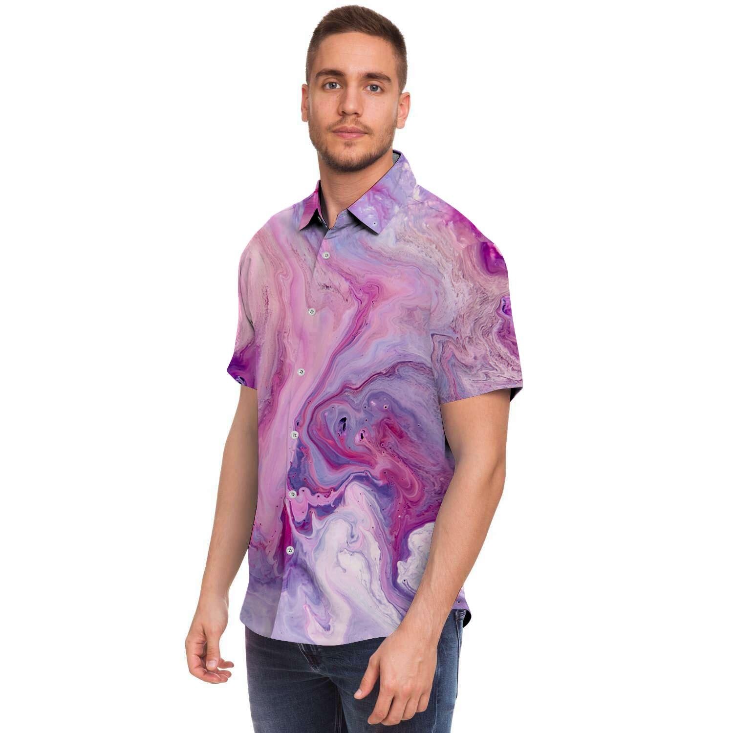 Purple Marble Men Print Short Sleeve Button-Up Shirts