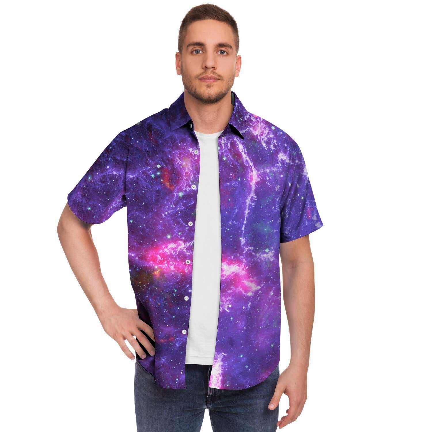 Purple Nebula Galaxy Space Men Print Short Sleeve Button-Up Shirts