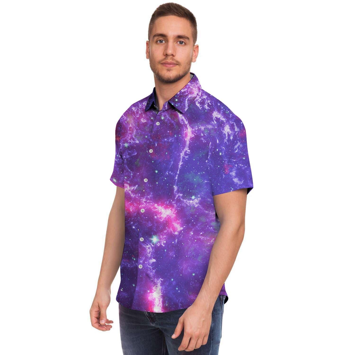 Purple Nebula Galaxy Space Men Print Short Sleeve Button-Up Shirts
