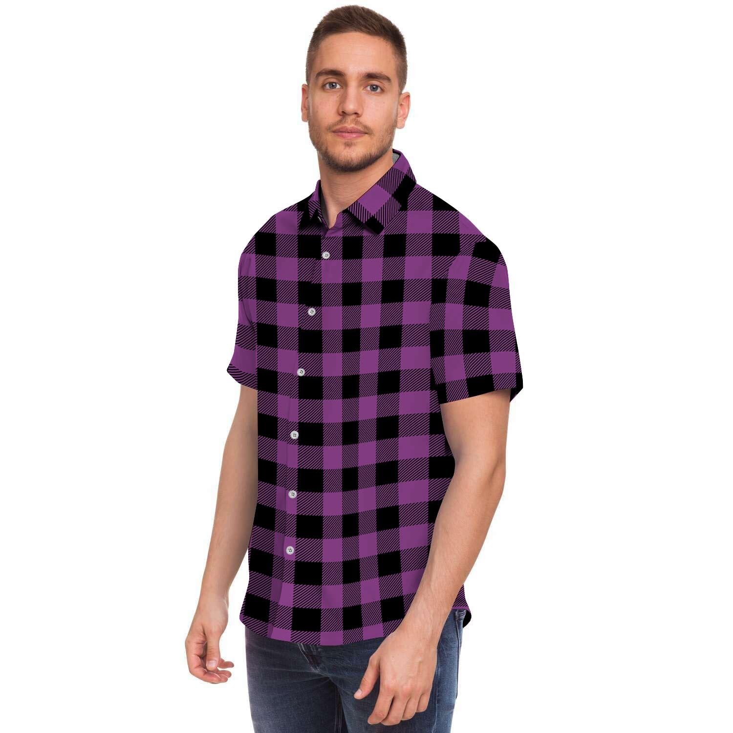 Purple Plaid Men Print Short Sleeve Button-Up Shirts