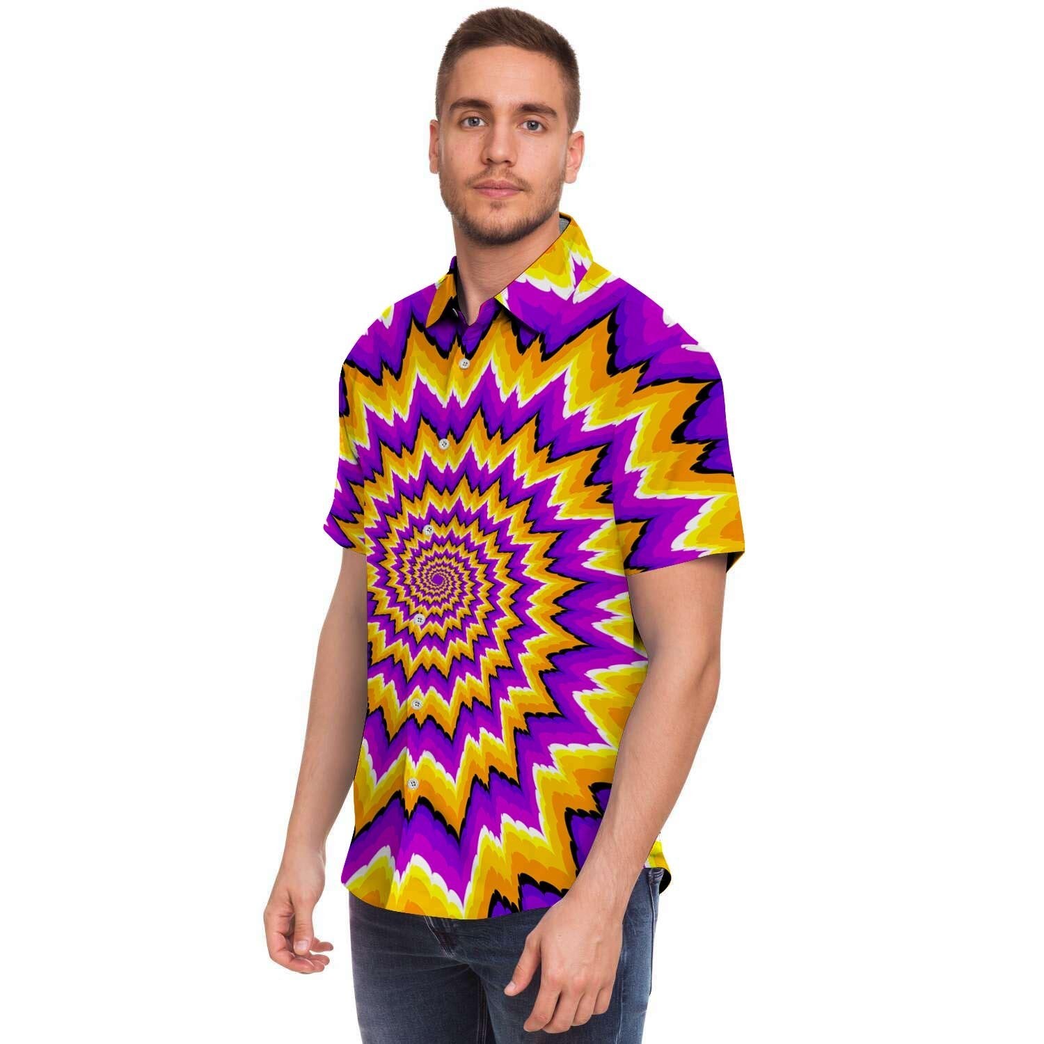 Purple Psychedelic Optical Illusion Men Print Short Sleeve Button-Up Shirts
