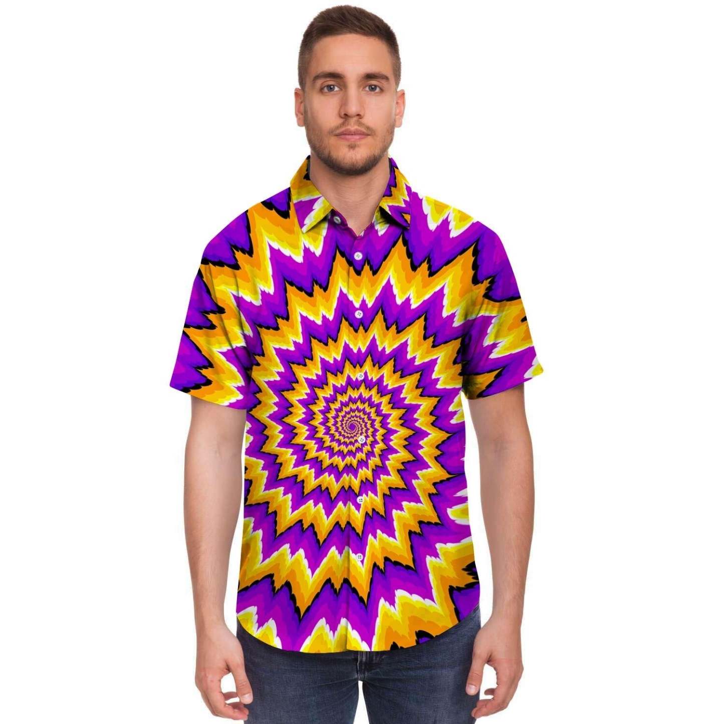 Purple Psychedelic Optical Illusion Men Print Short Sleeve Button-Up Shirts
