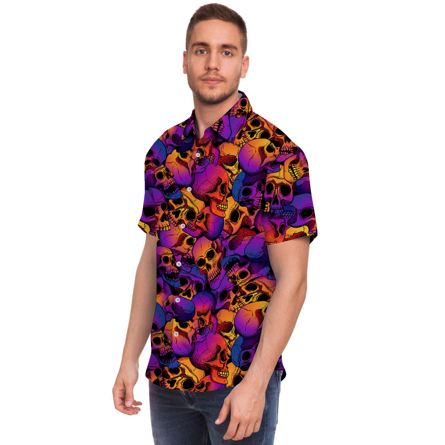 Purple Skull Men Print Short Sleeve Button-Up Shirts