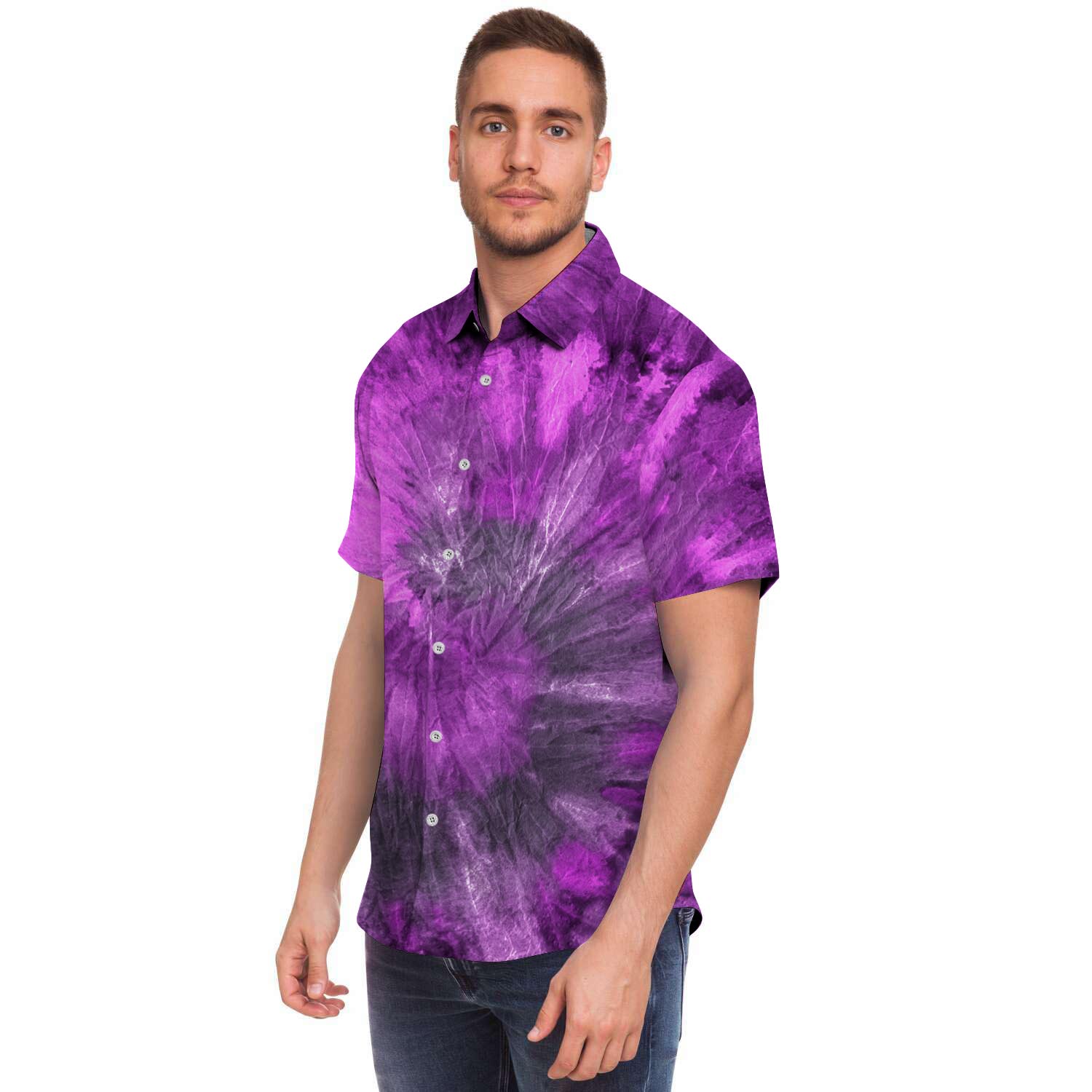 Purple Tie Dye Men Print Short Sleeve Button-Up Shirts