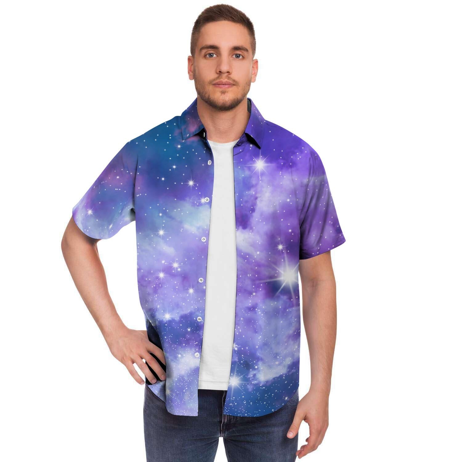 Purple Universe Galaxy Men Print Short Sleeve Button-Up Shirts