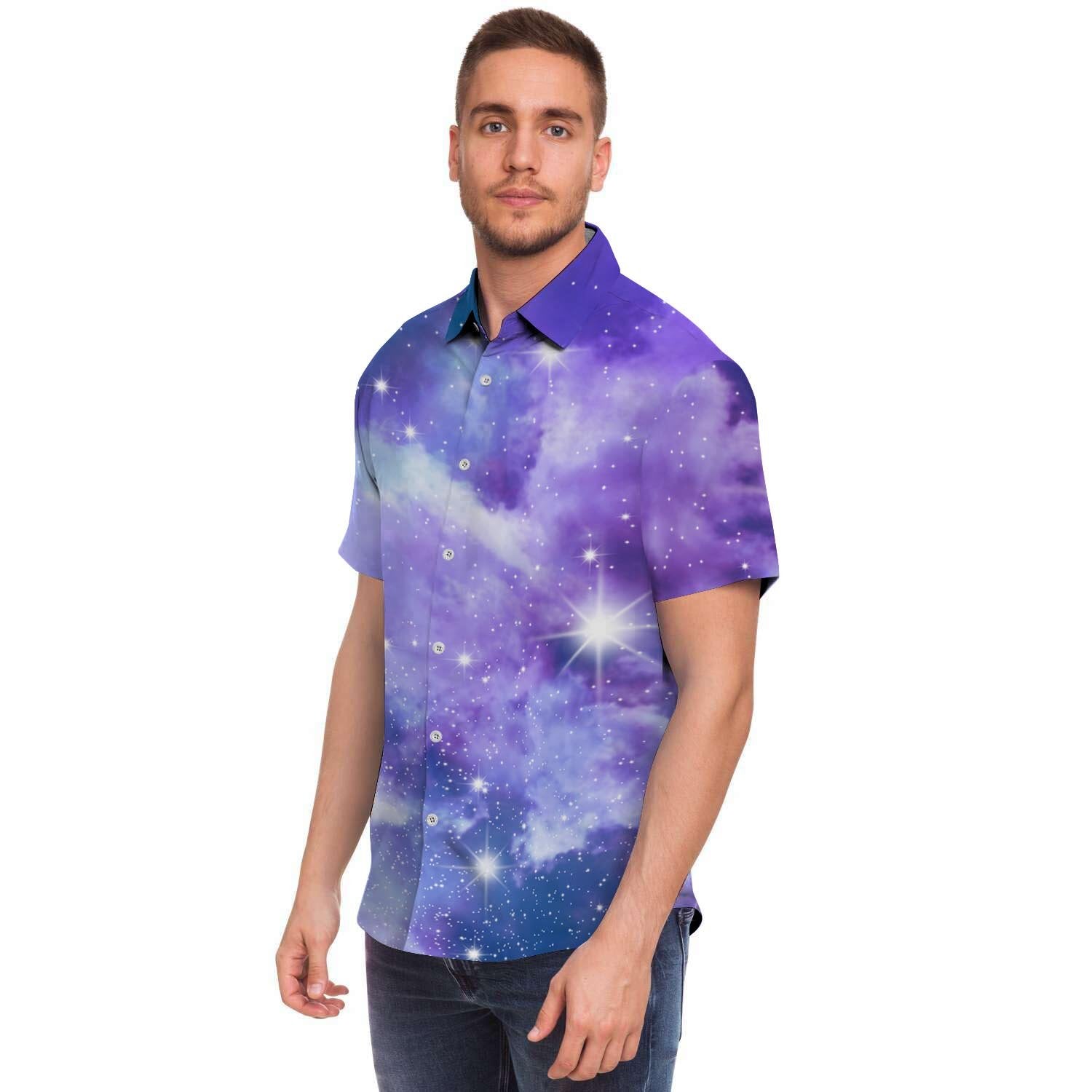 Purple Universe Galaxy Men Print Short Sleeve Button-Up Shirts