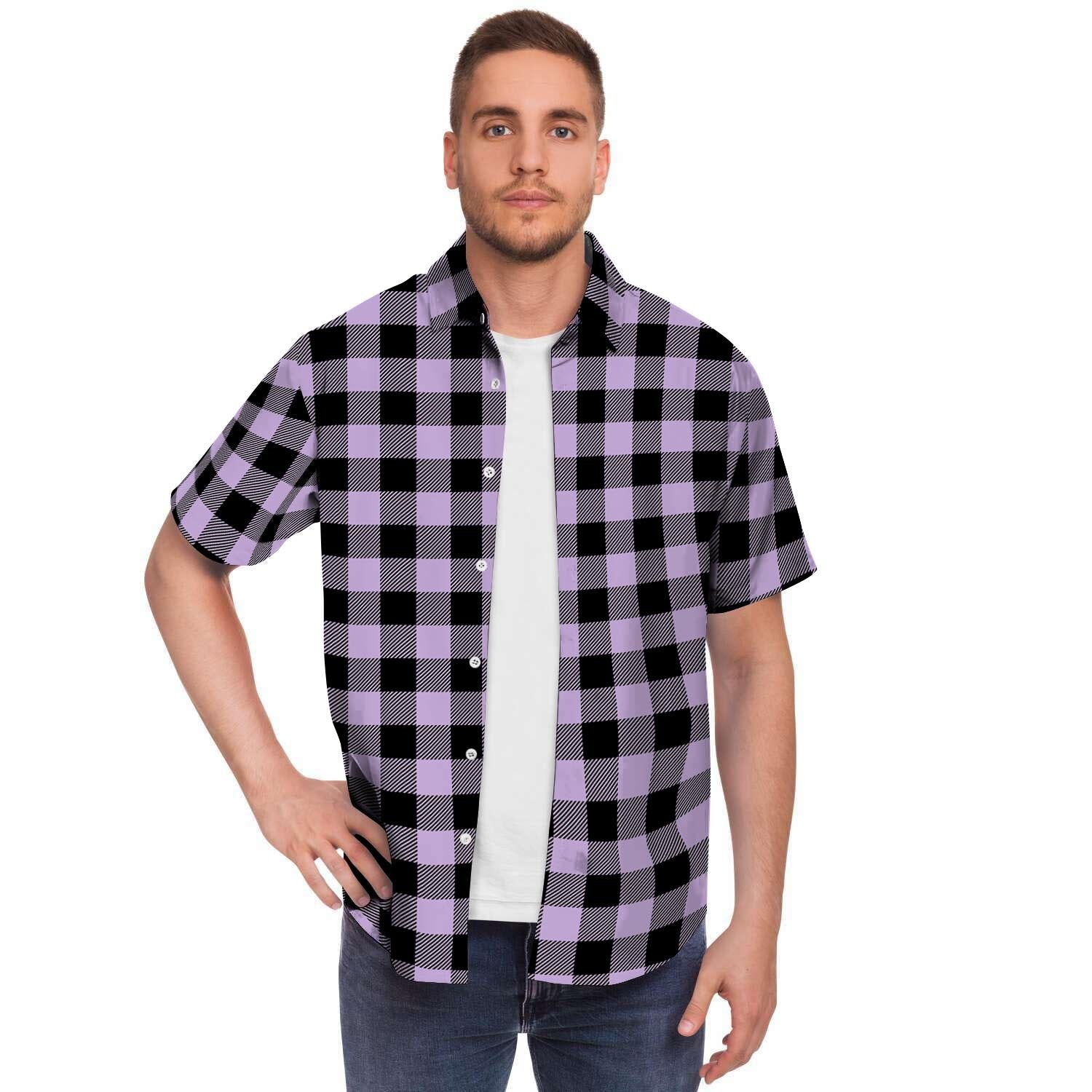 Purple Violet Plaid Men Print Short Sleeve Button-Up Shirts