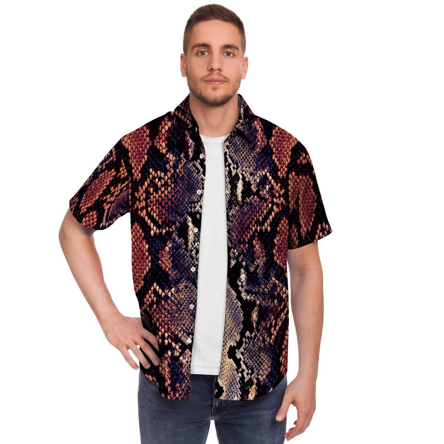 Python Snakeskin Print Men Print Short Sleeve Button-Up Shirts