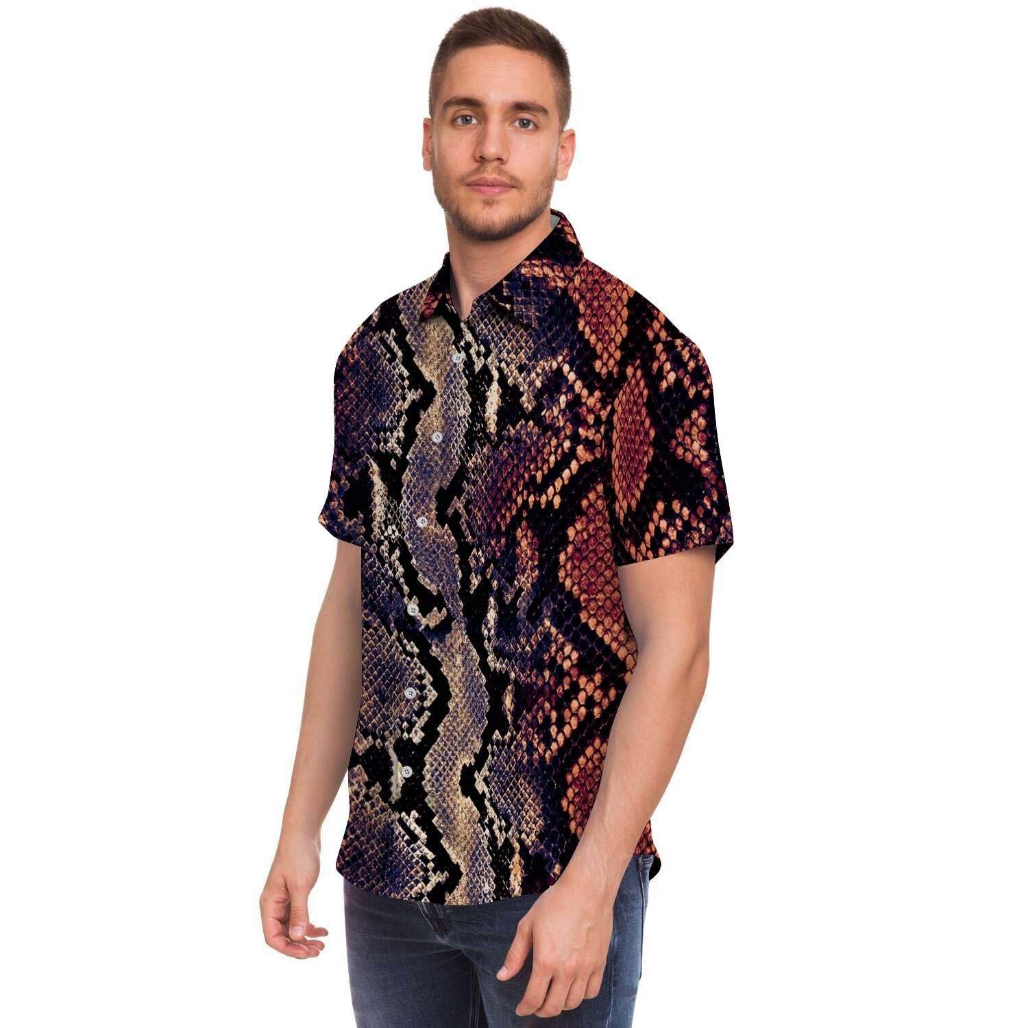 Python Snakeskin Print Men Print Short Sleeve Button-Up Shirts