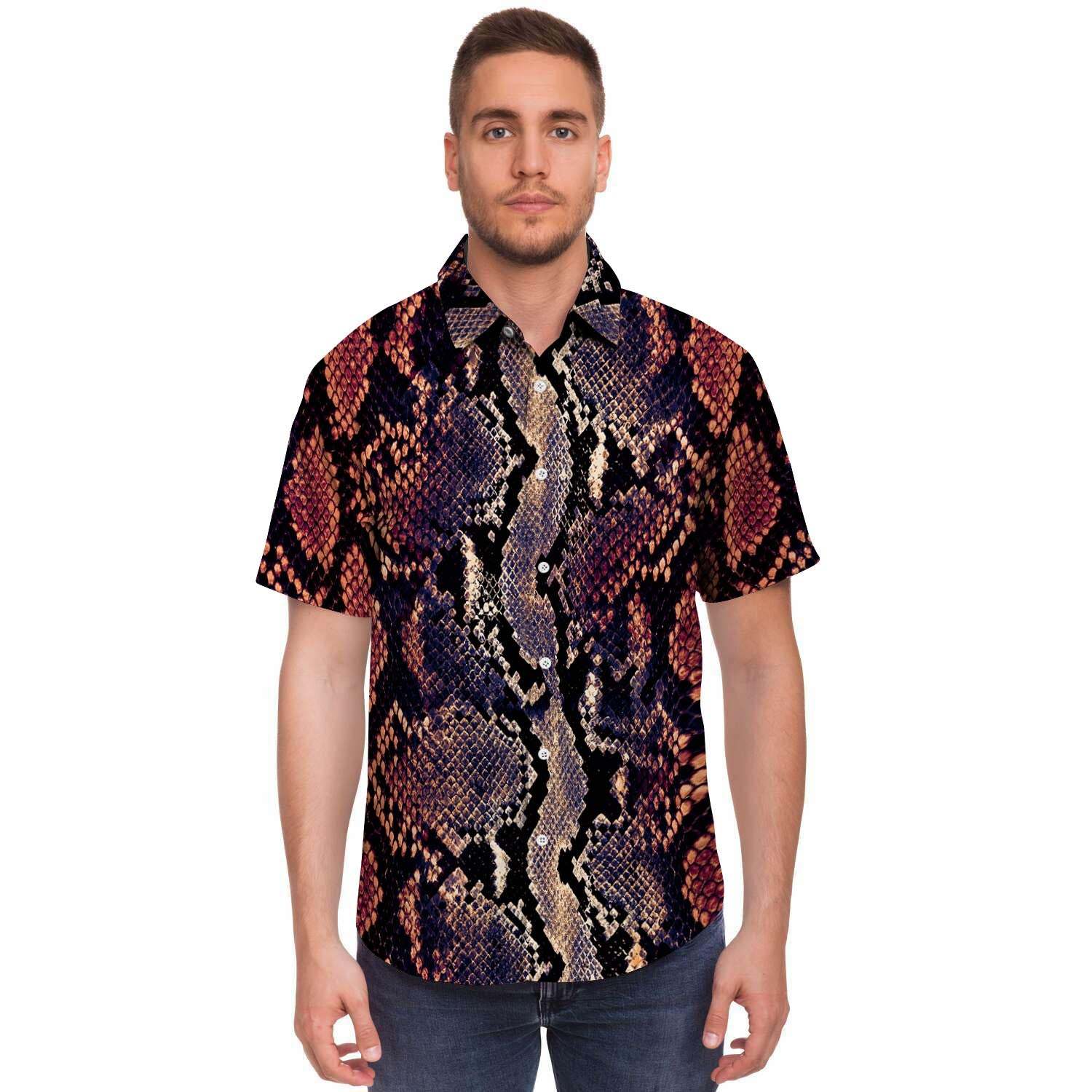 Python Snakeskin Print Men Print Short Sleeve Button-Up Shirts