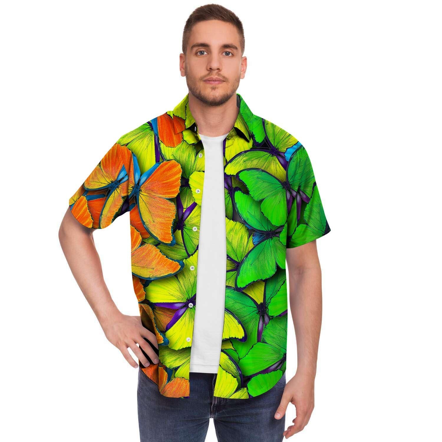 Rainbow Butterfly Print Men Print Short Sleeve Button-Up Shirts