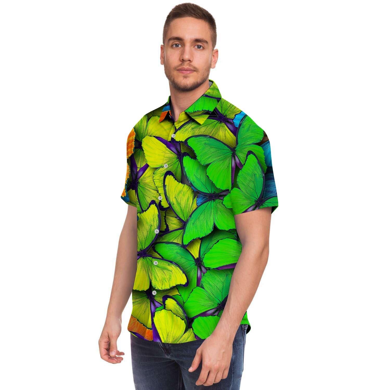Rainbow Butterfly Print Men Print Short Sleeve Button-Up Shirts