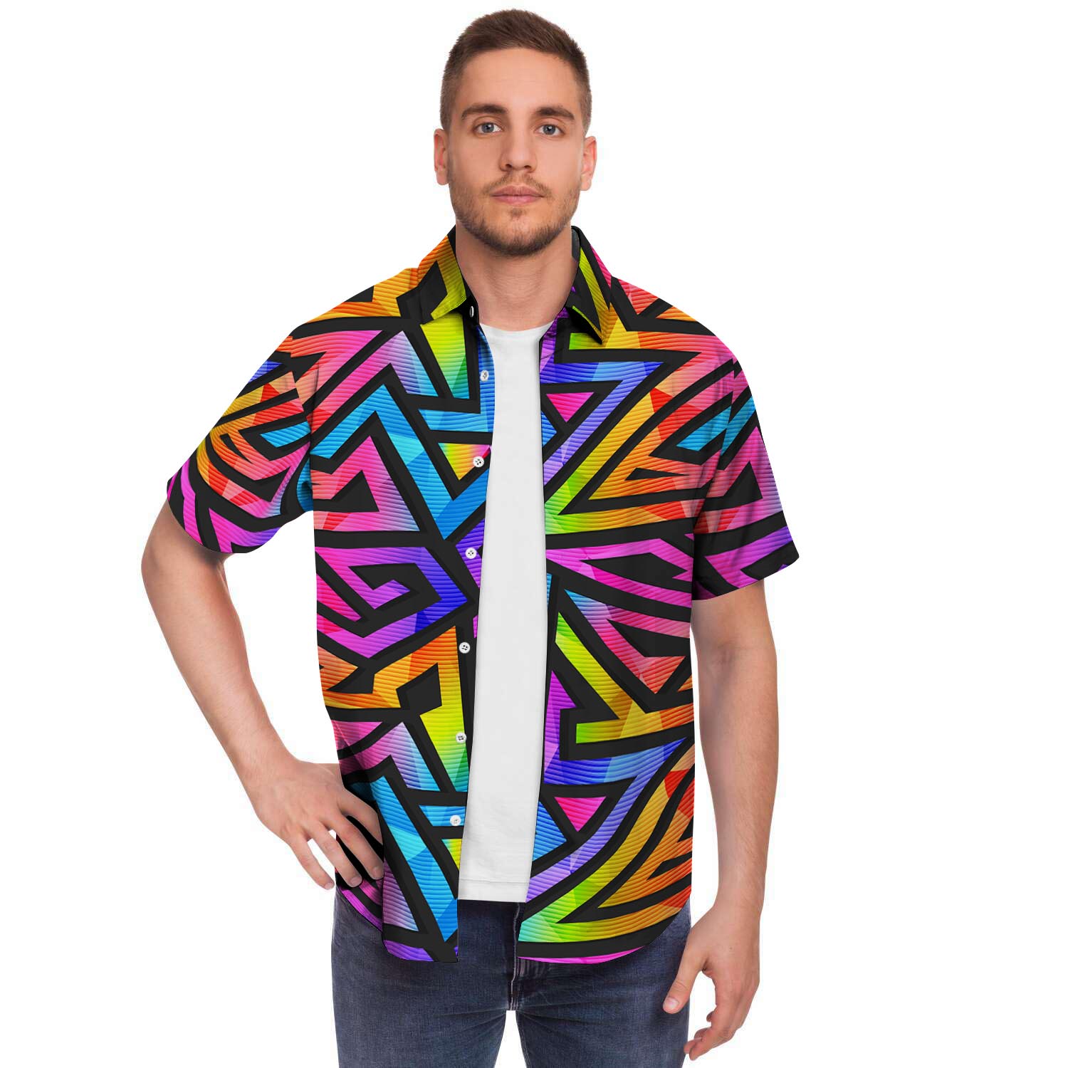Rainbow Geometric Abstract Men Print Short Sleeve Button-Up Shirts