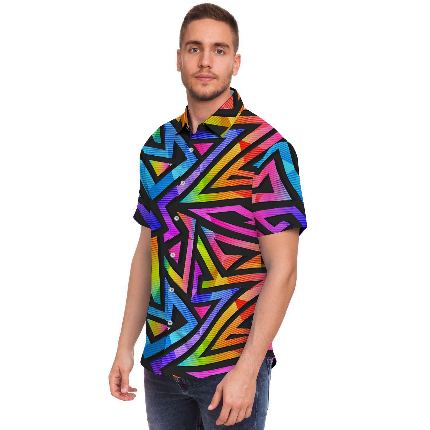 Rainbow Geometric Abstract Men Print Short Sleeve Button-Up Shirts