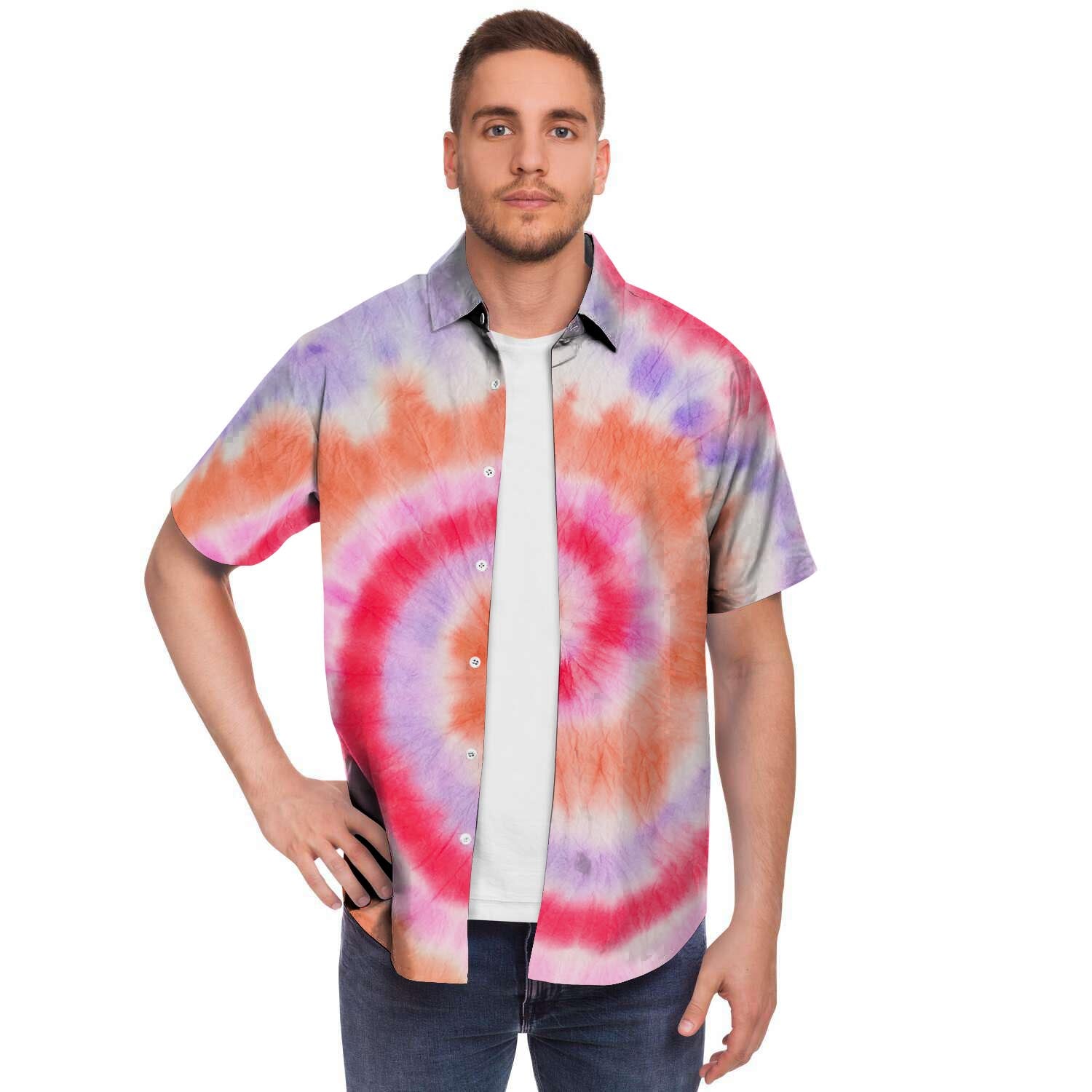 Rainbow Hippie Tie Dye Men Print Short Sleeve Button-Up Shirts