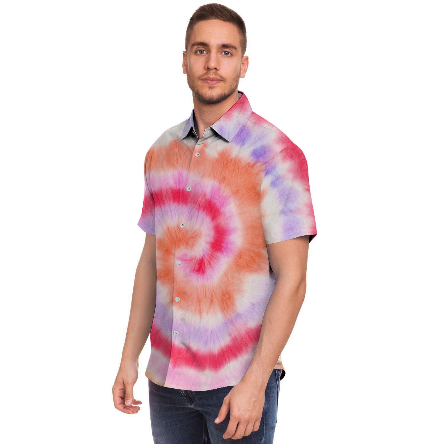 Rainbow Hippie Tie Dye Men Print Short Sleeve Button-Up Shirts
