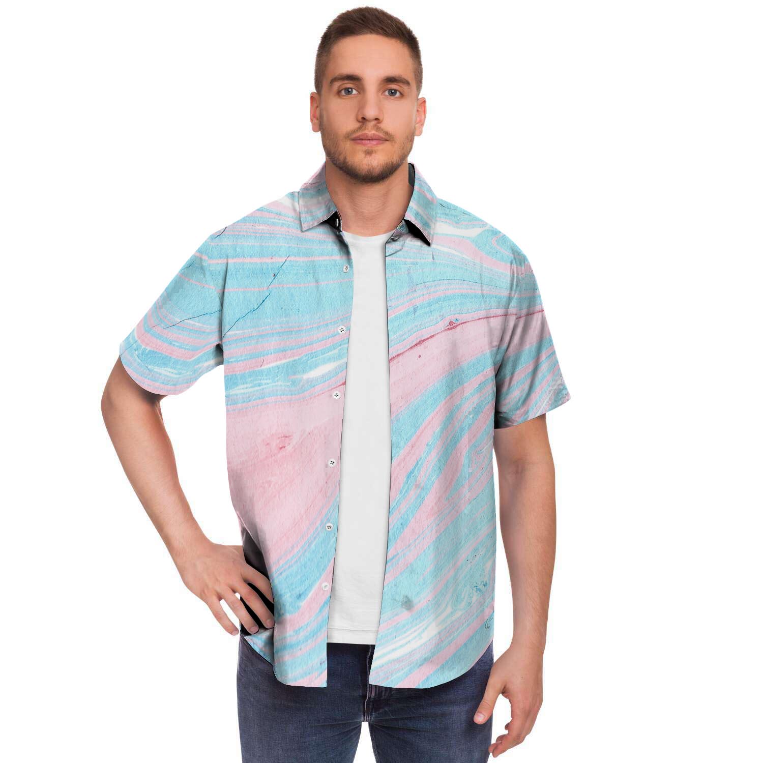Rainbow Marble Men Print Short Sleeve Button-Up Shirts