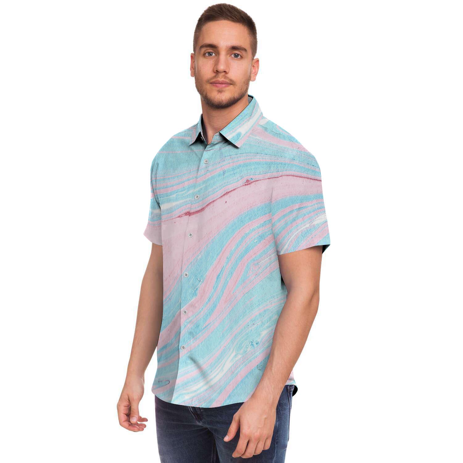 Rainbow Marble Men Print Short Sleeve Button-Up Shirts