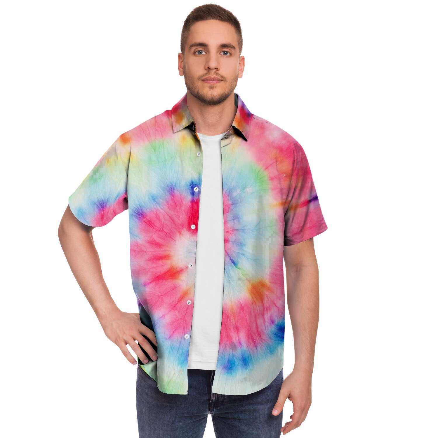 Rainbow Tie Dye Men Print Short Sleeve Button-Up Shirts