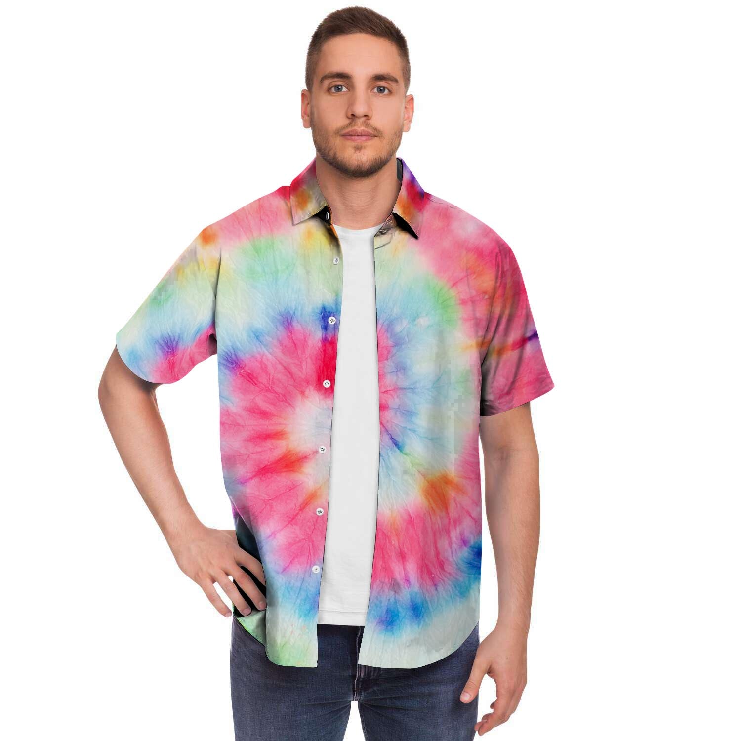 Rainbow Tie Dye Print Men Print Short Sleeve Button-Up Shirts