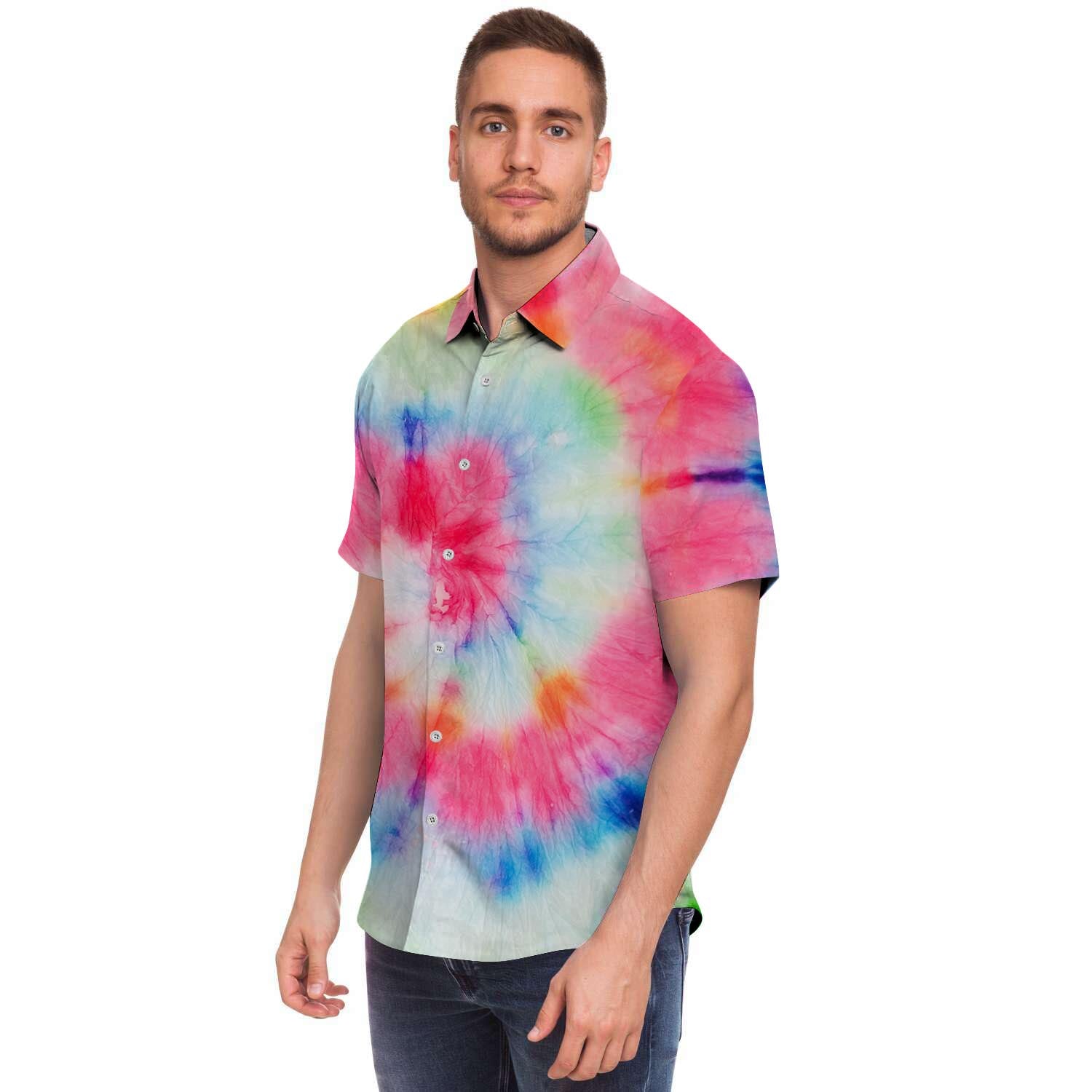 Rainbow Tie Dye Print Men Print Short Sleeve Button-Up Shirts