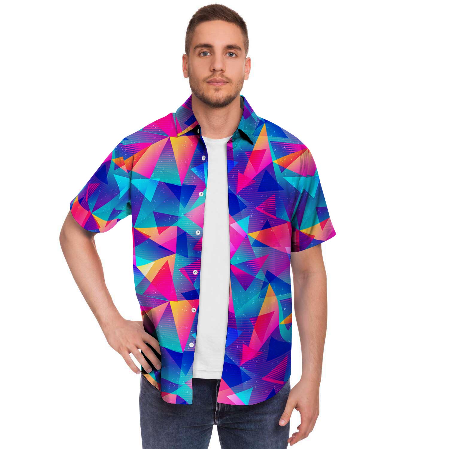 Rainbow Triangle Geometric Men Print Short Sleeve Button-Up Shirts