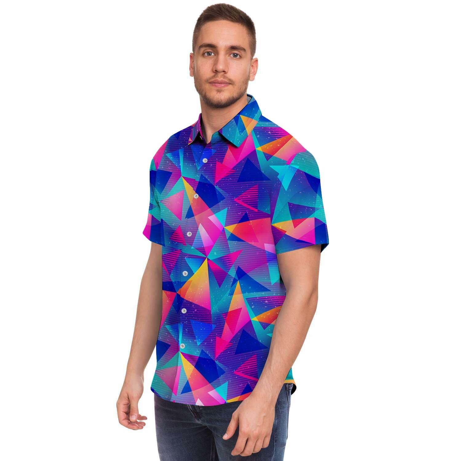 Rainbow Triangle Geometric Men Print Short Sleeve Button-Up Shirts