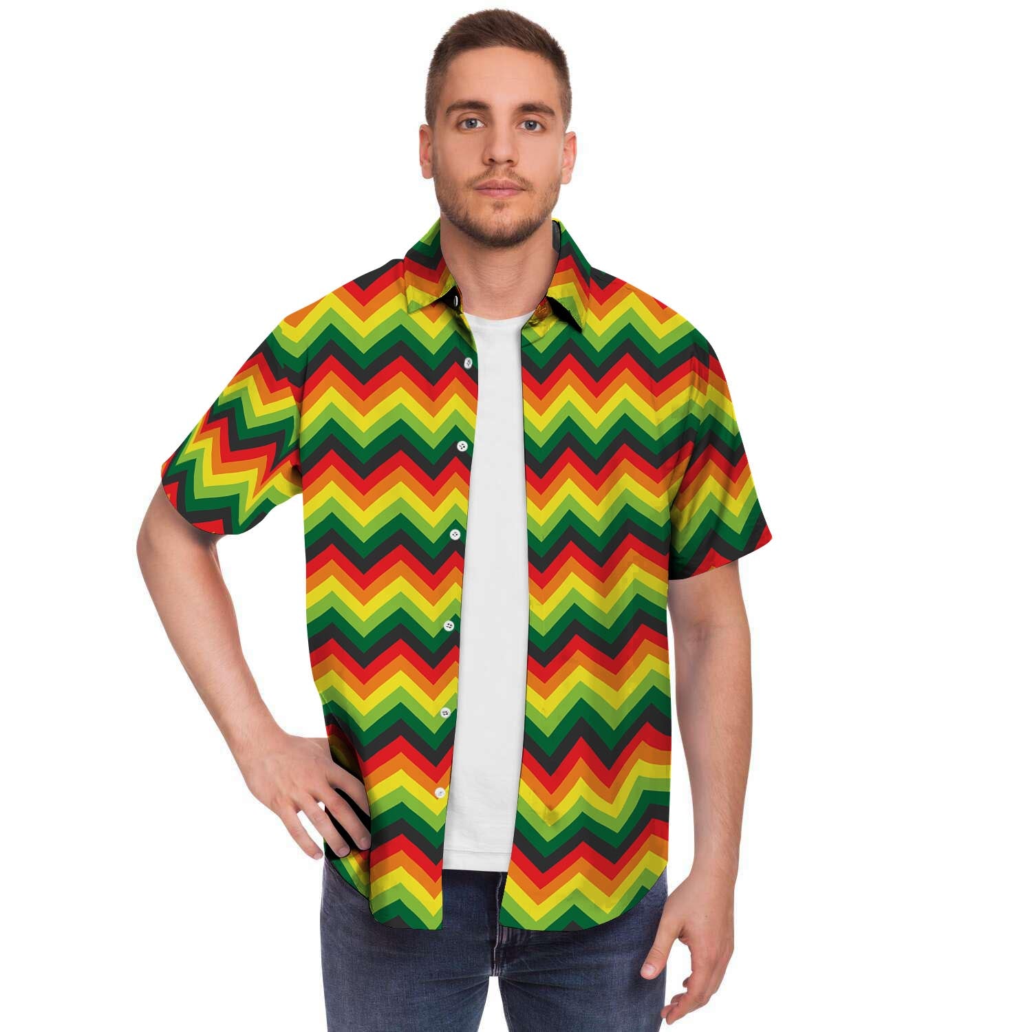 Rasta Jamaica Reggae Men Print Short Sleeve Button-Up Shirts