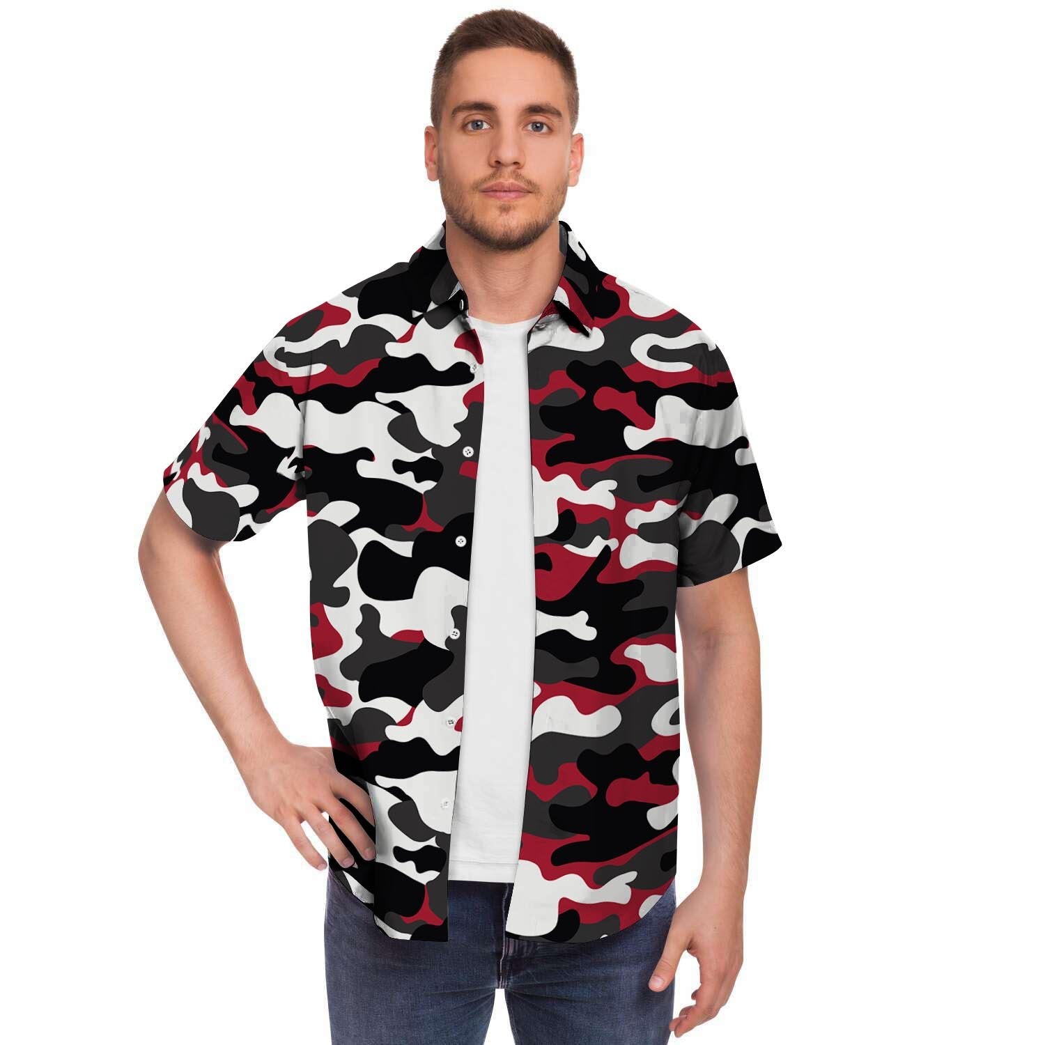 Red And Black Camouflage Print Men Print Short Sleeve Button-Up Shirts