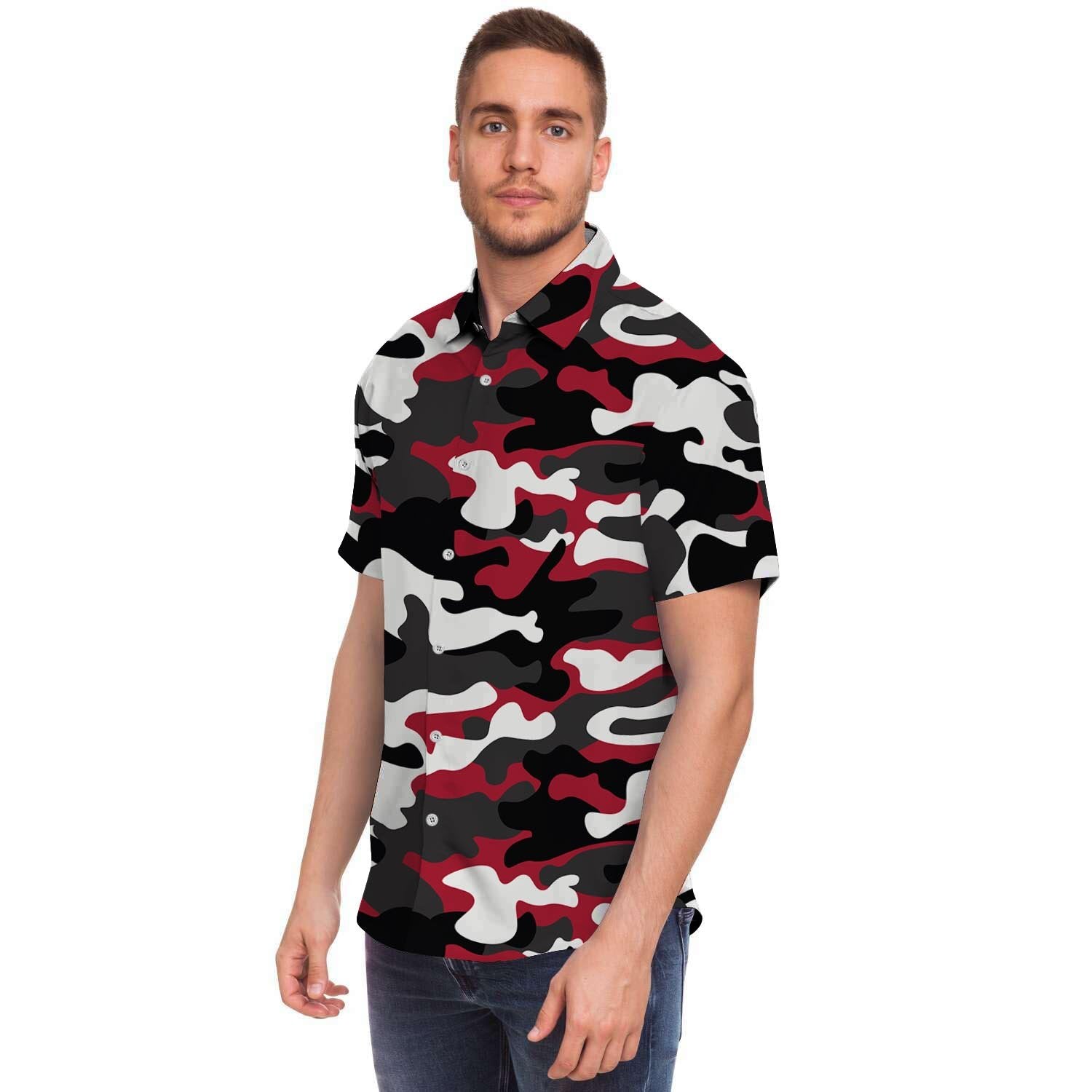 Red And Black Camouflage Print Men Print Short Sleeve Button-Up Shirts