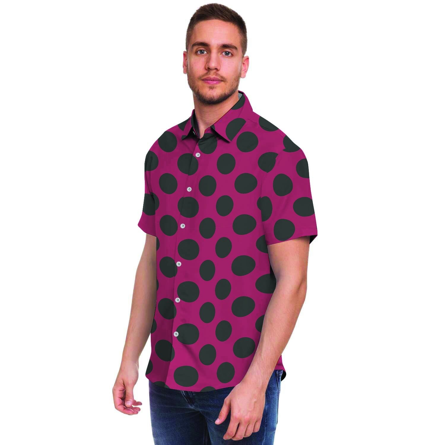 Red And Black Polka Dot Men Print Short Sleeve Button-Up Shirts