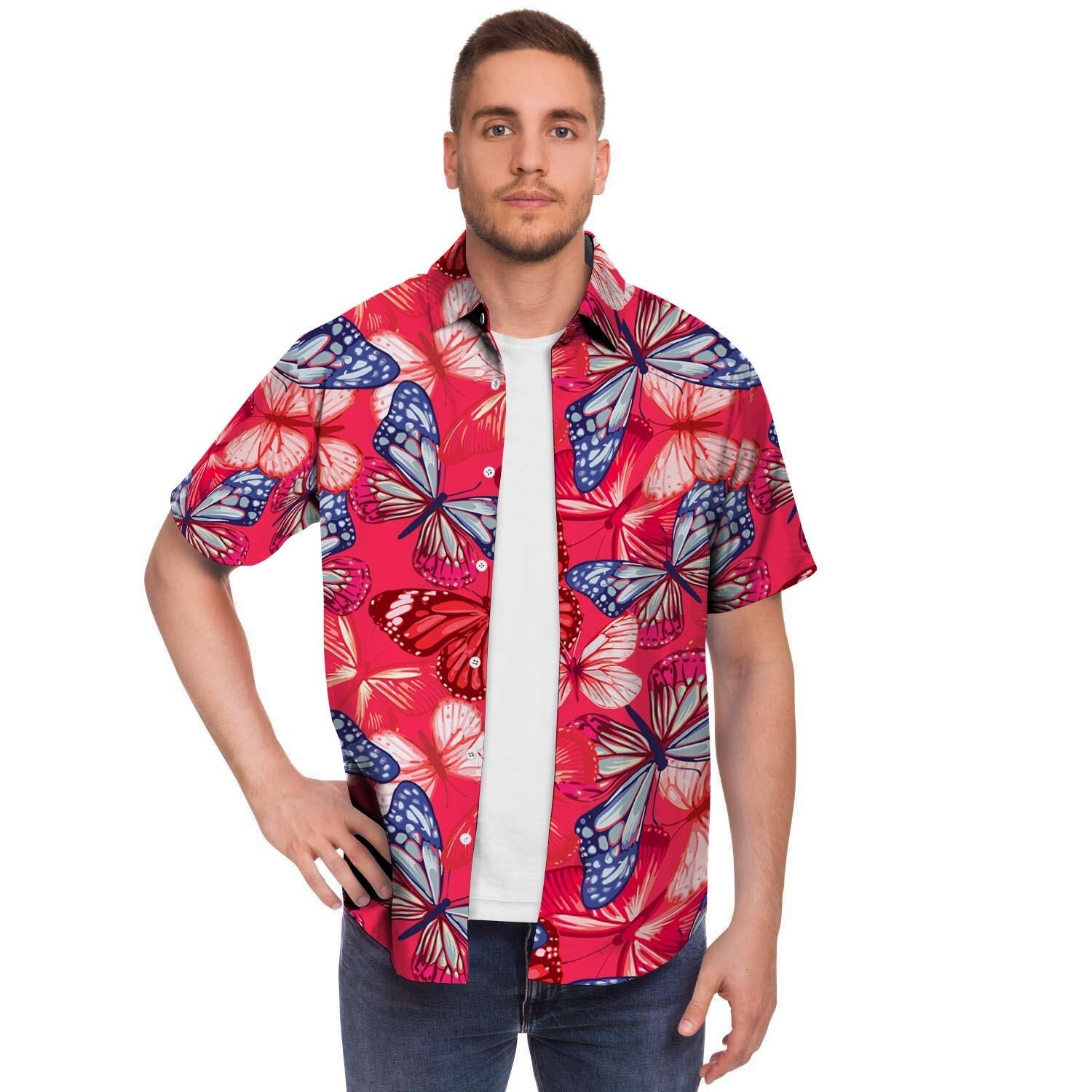 Red And Blue Butterfly Print Men Print Short Sleeve Button-Up Shirts