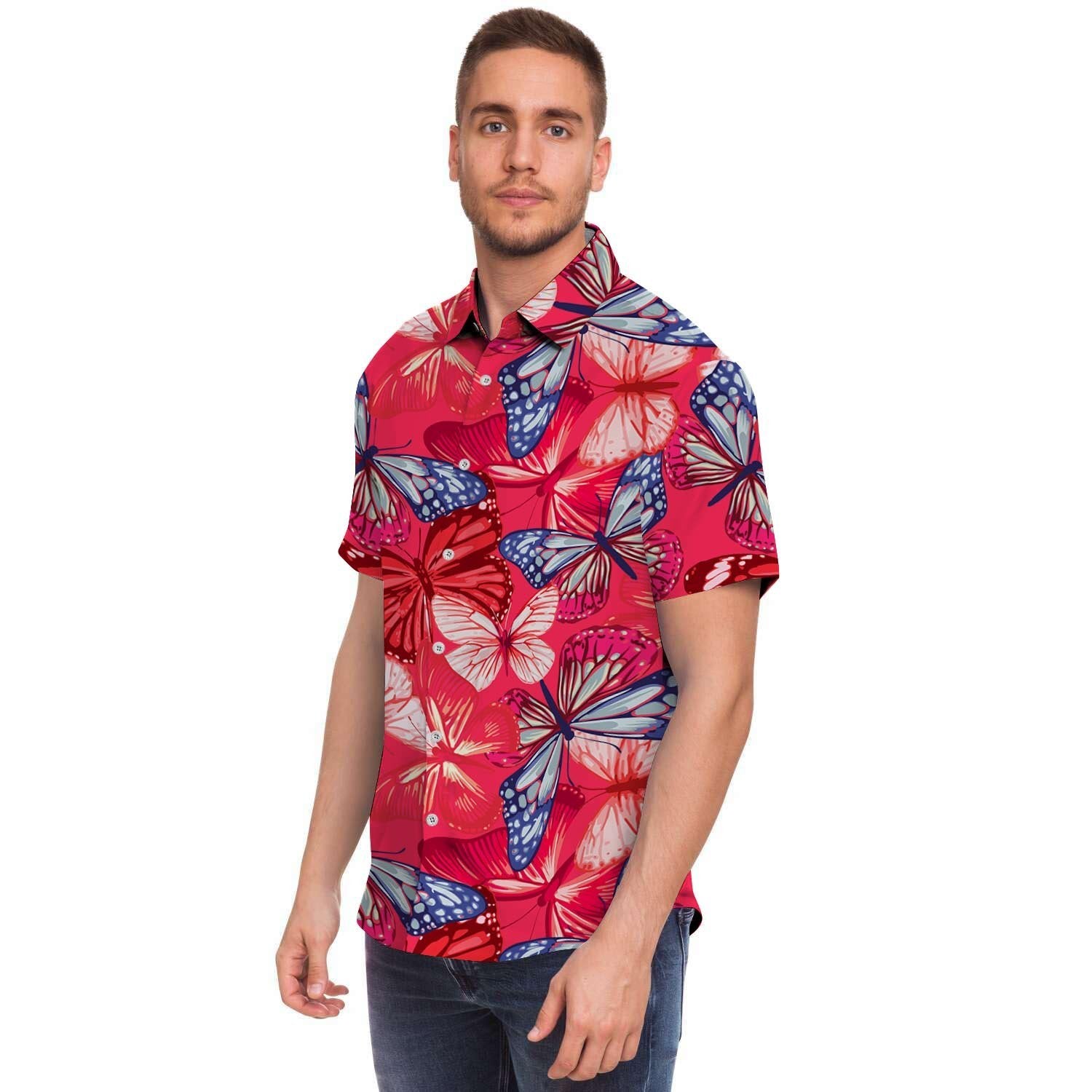 Red And Blue Butterfly Print Men Print Short Sleeve Button-Up Shirts