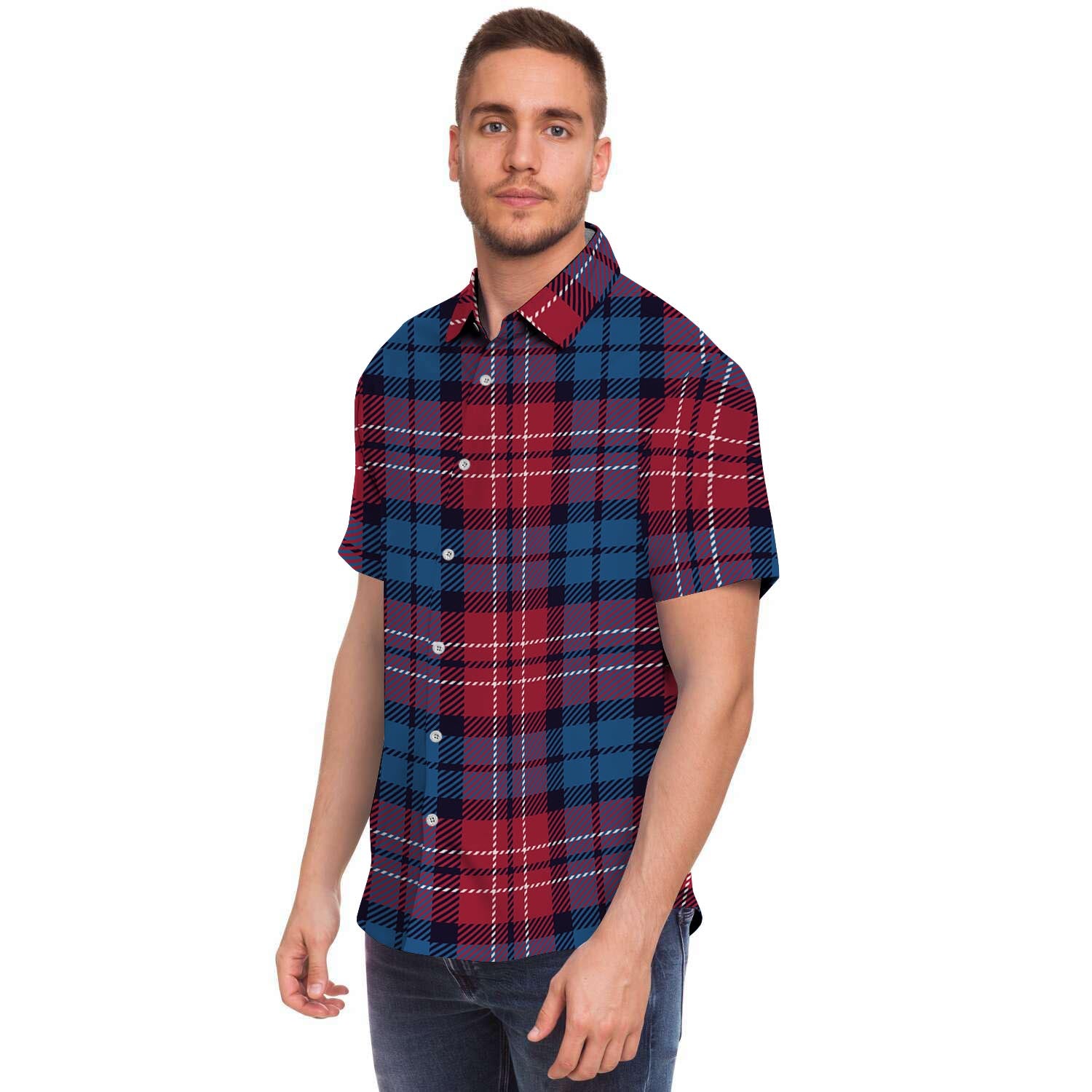 Red And Blue Plaid Tartan Men Print Short Sleeve Button-Up Shirts