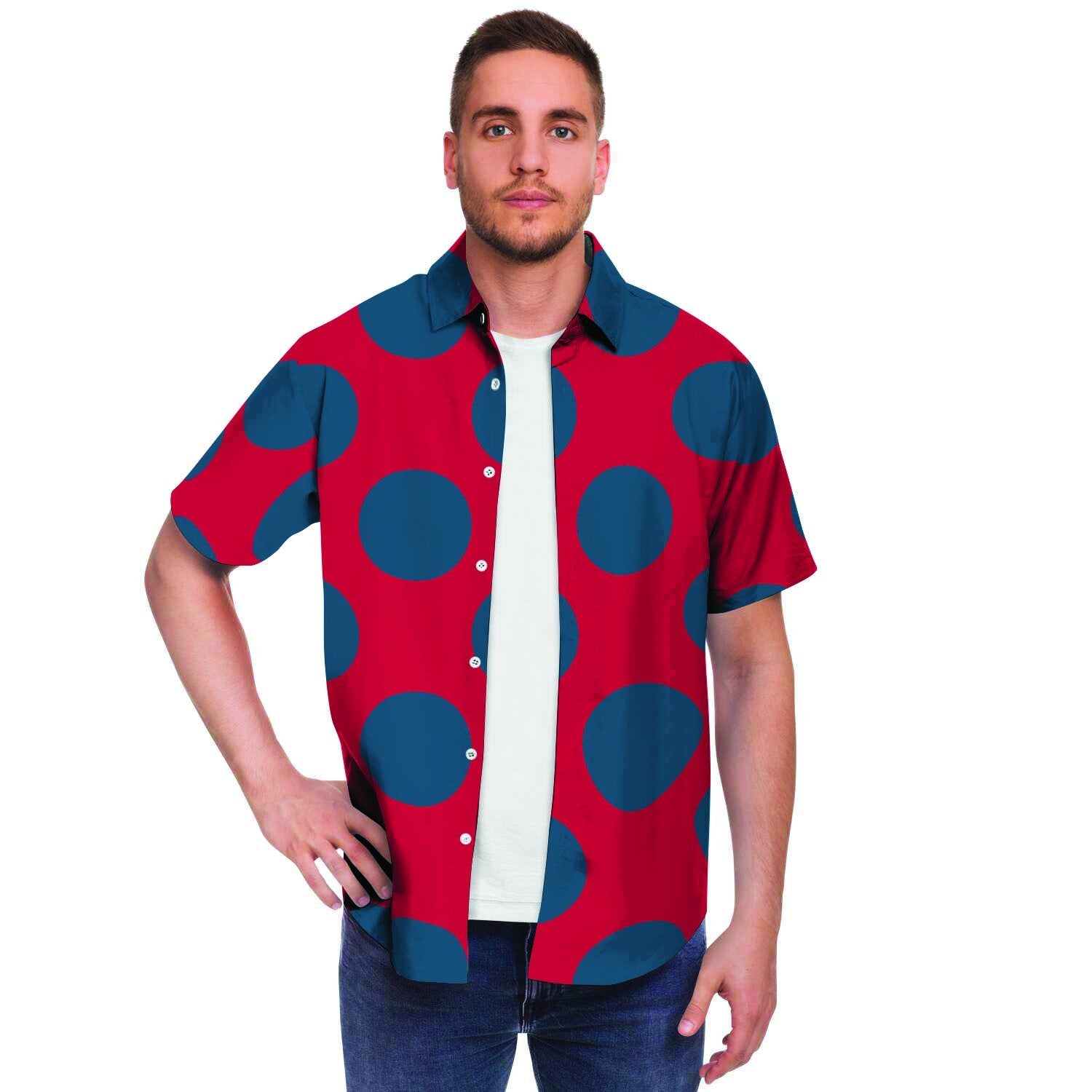 Red And Blue Polka Dot Men Print Short Sleeve Button-Up Shirts