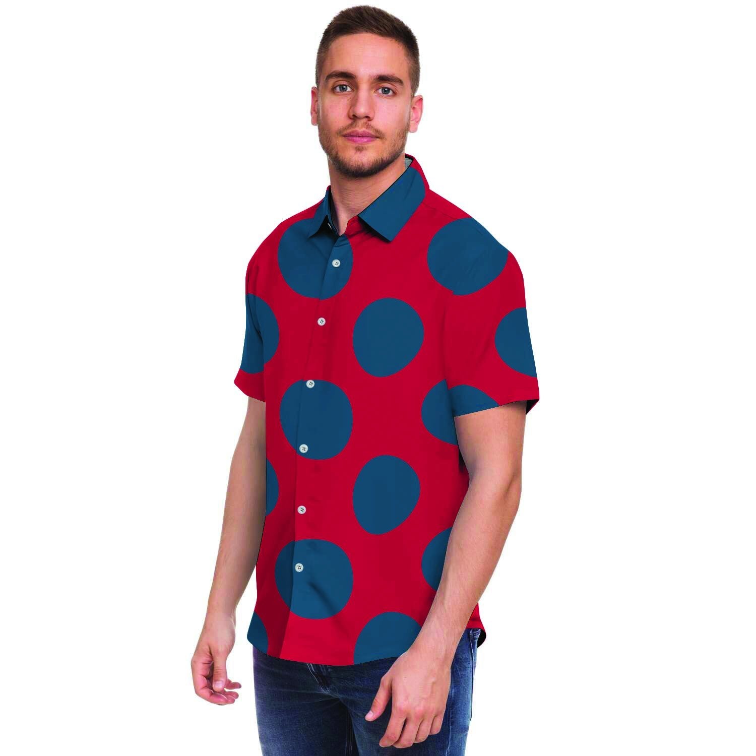 Red And Blue Polka Dot Men Print Short Sleeve Button-Up Shirts