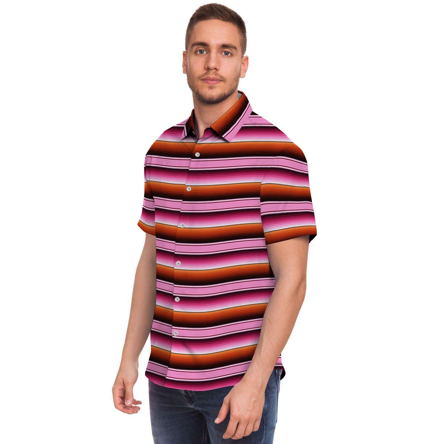 Red And Pink Mexican Baja Men Print Short Sleeve Button-Up Shirts