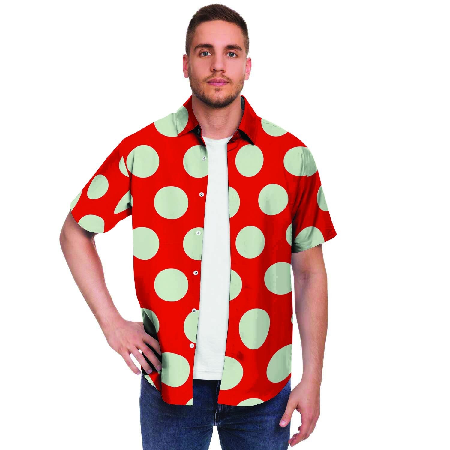 Red And White Polka Dot Men Print Short Sleeve Button-Up Shirts