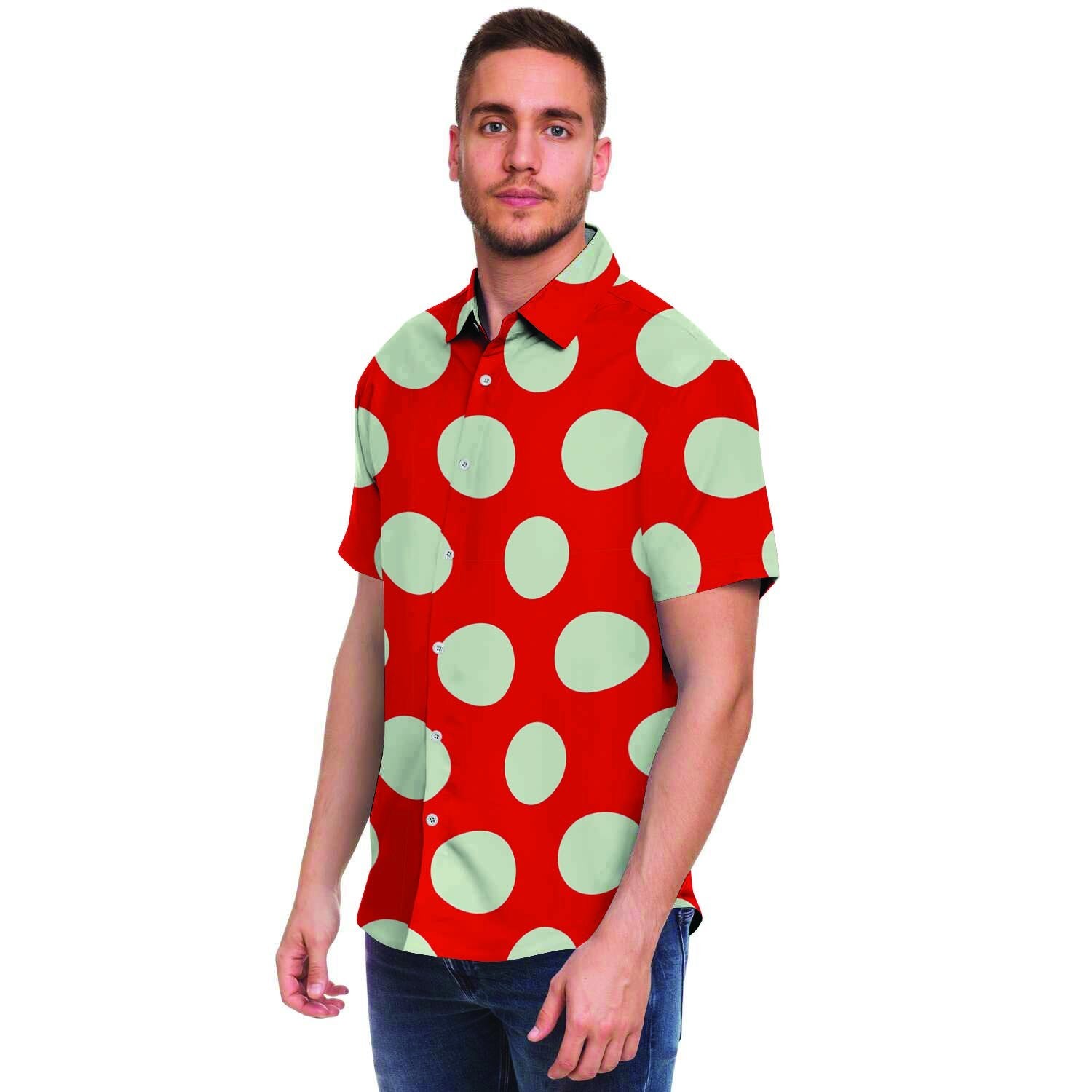 Red And White Polka Dot Men Print Short Sleeve Button-Up Shirts