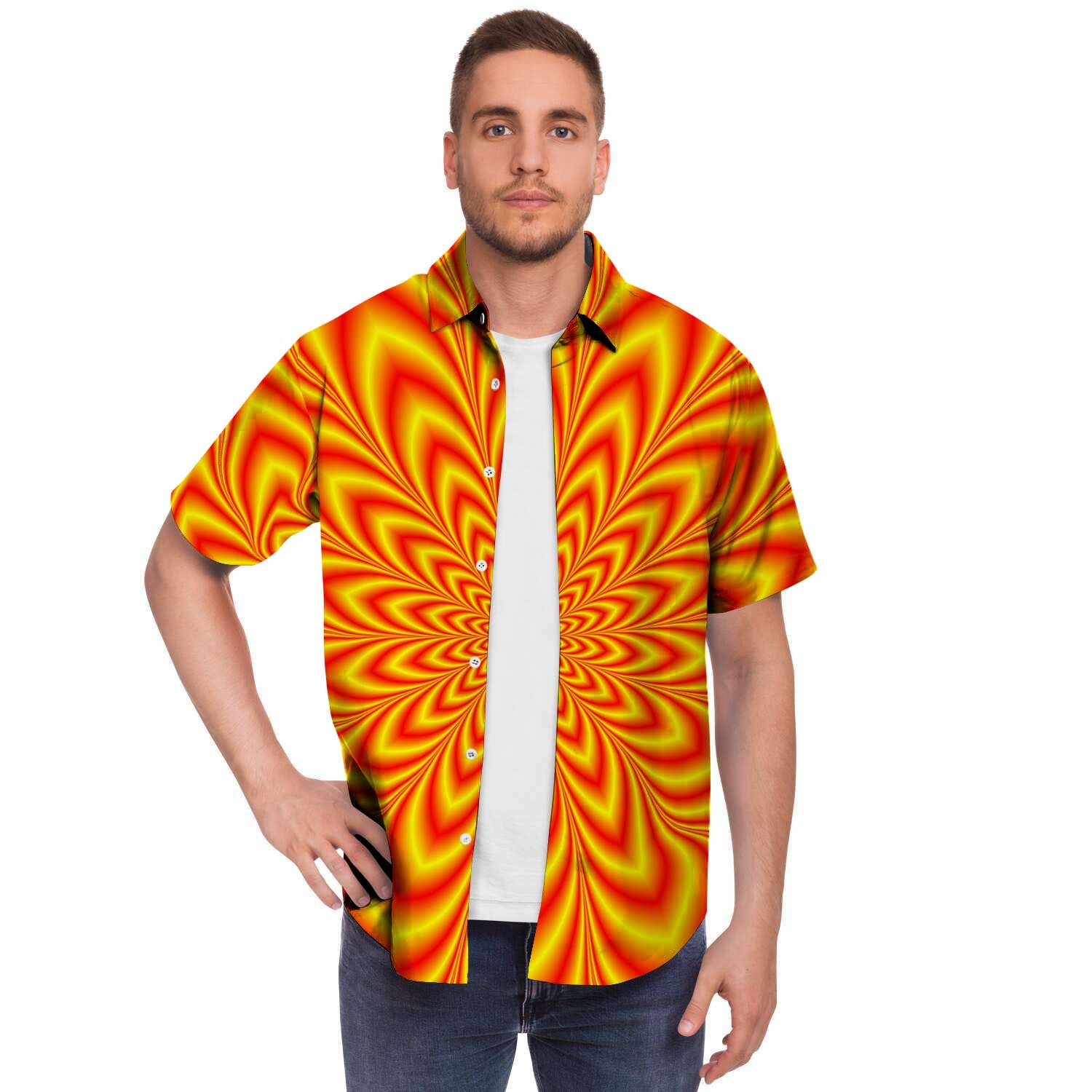 Red And Yellow Abstract Optical Illusion Men Print Short Sleeve Button-Up Shirts