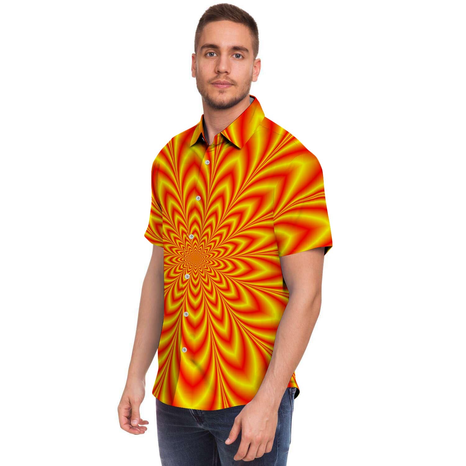 Red And Yellow Abstract Optical Illusion Men Print Short Sleeve Button-Up Shirts