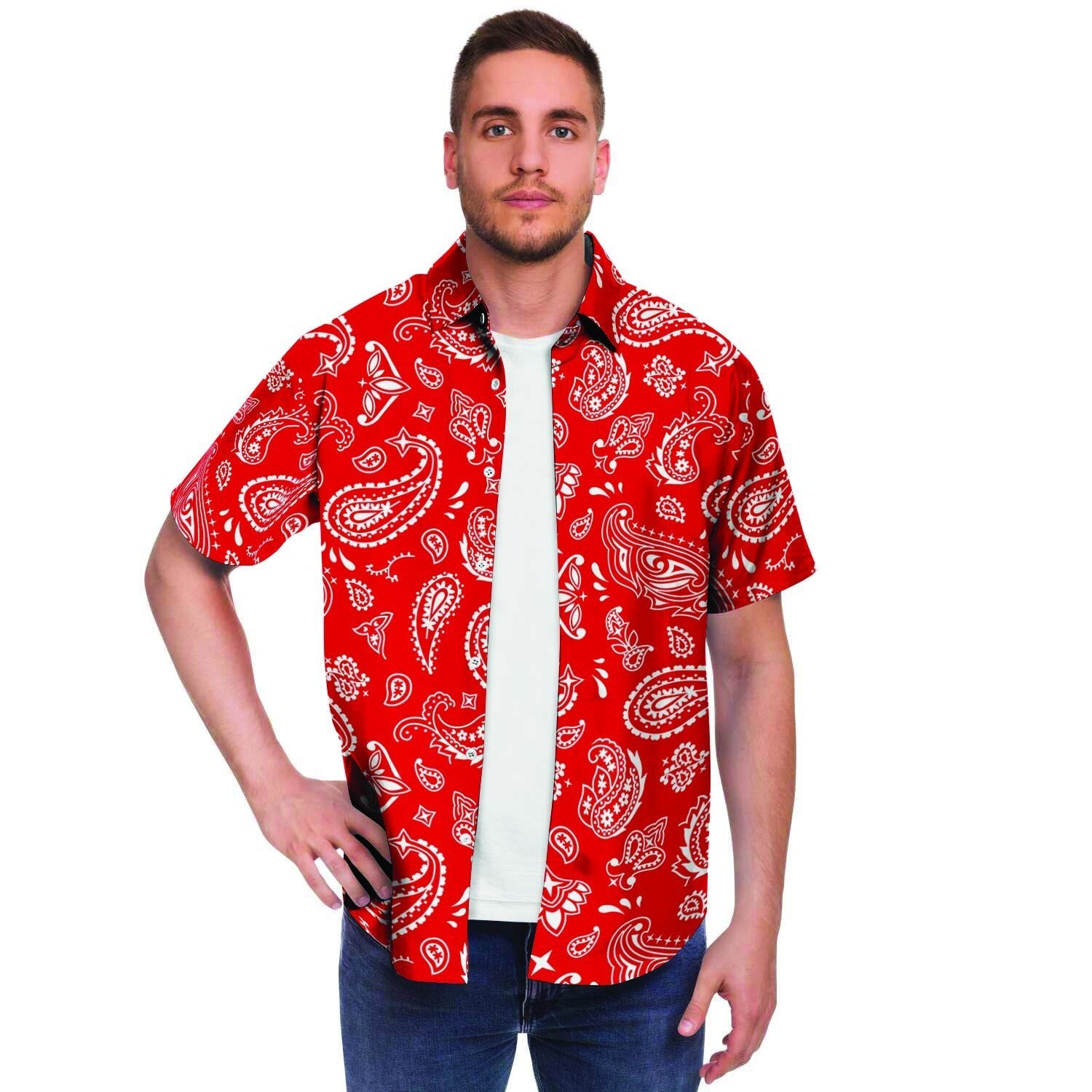 Red Bandana Men Print Short Sleeve Button-Up Shirts