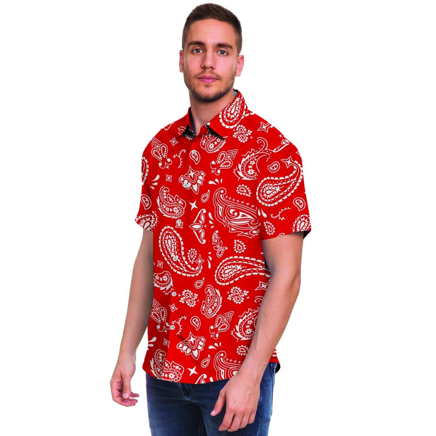 Red Bandana Men Print Short Sleeve Button-Up Shirts